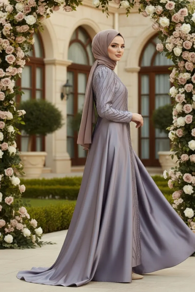 Stone Detailed Satin Evening Dress Grey-detail