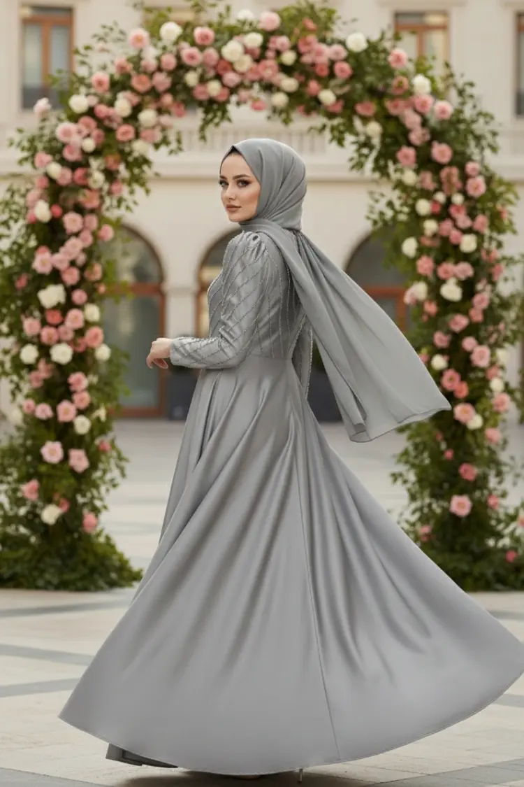 Stone Detailed Satin Evening Dress Grey-detail