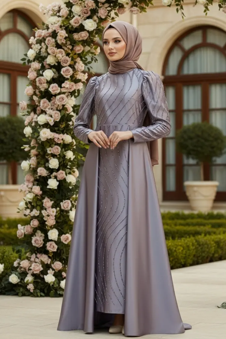 Stone Detailed Satin Evening Dress Grey-detail