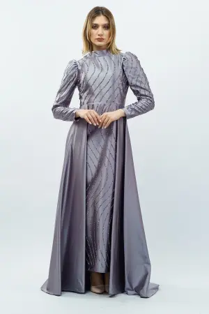Stone Detailed Satin Evening Dress Grey