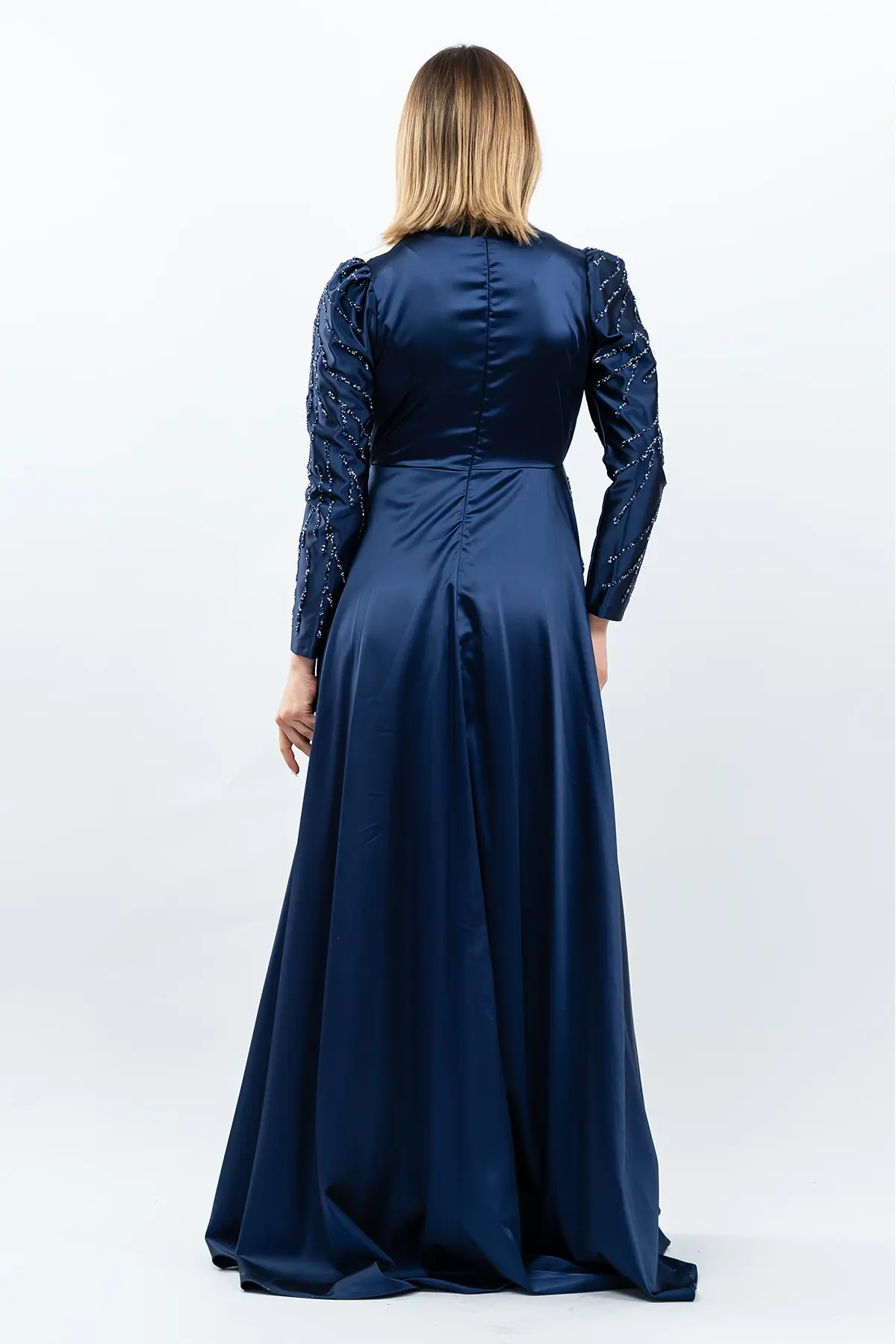 Stone Detailed Satin Evening Dress Navy Blue-detail