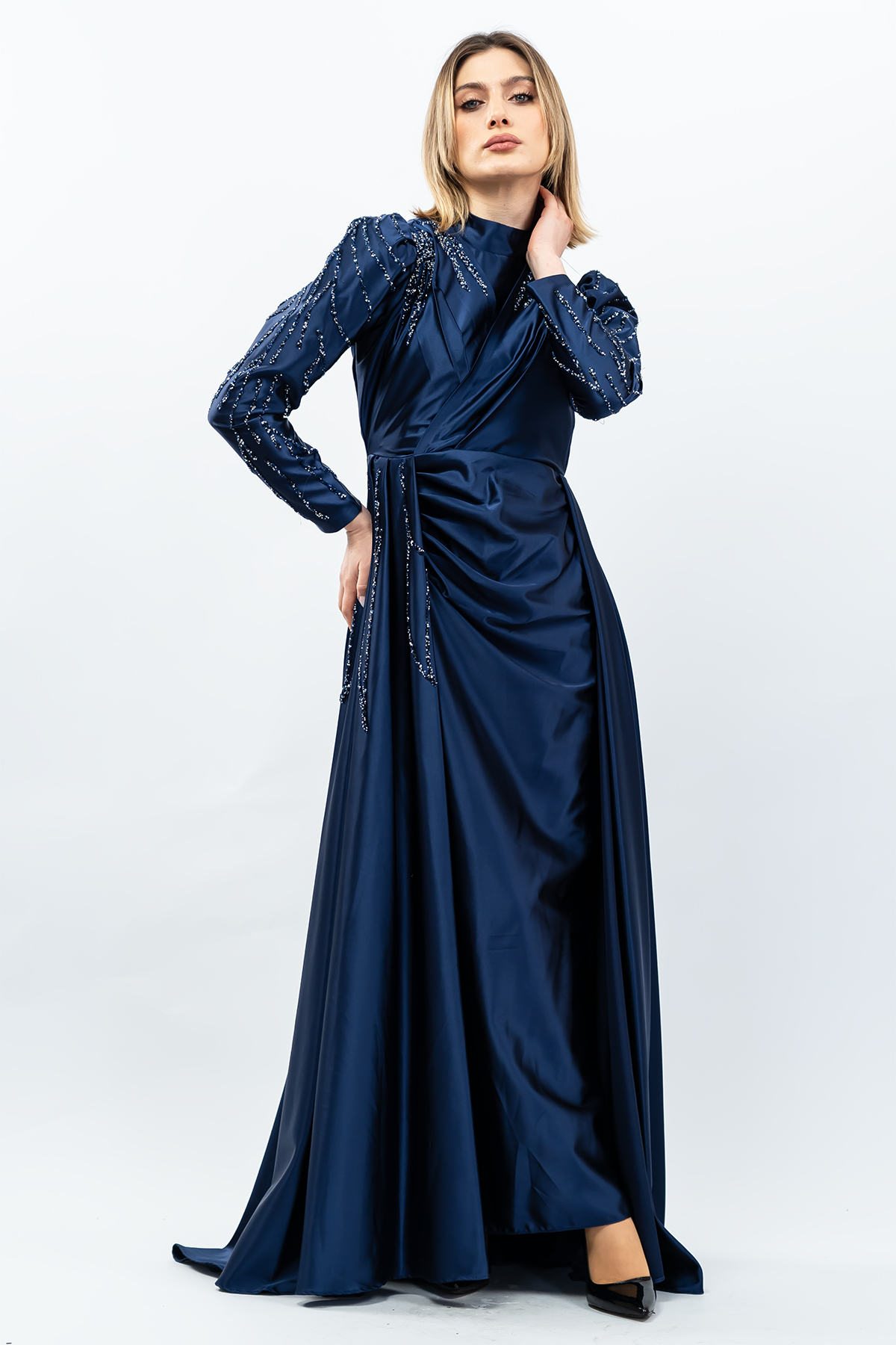 Stone Detailed Satin Evening Dress Navy Blue