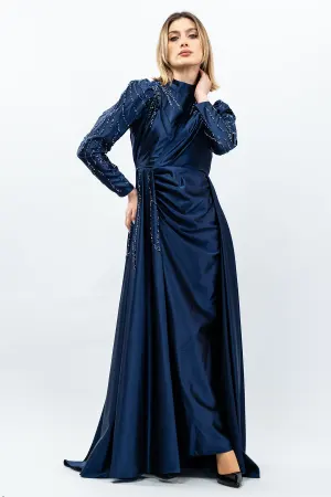 Stone Detailed Satin Evening Dress Navy Blue