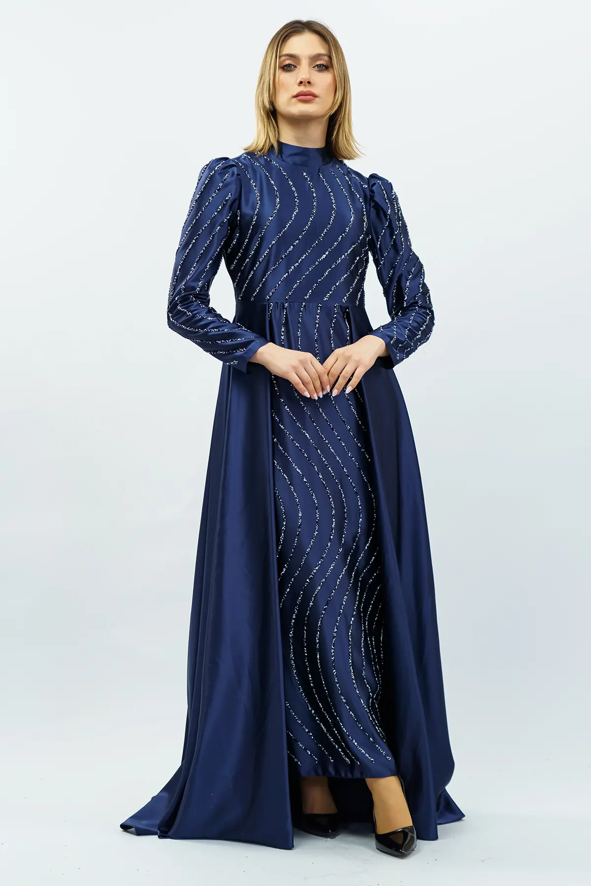 Stone Detailed Satin Evening Dress Navy Blue-detail