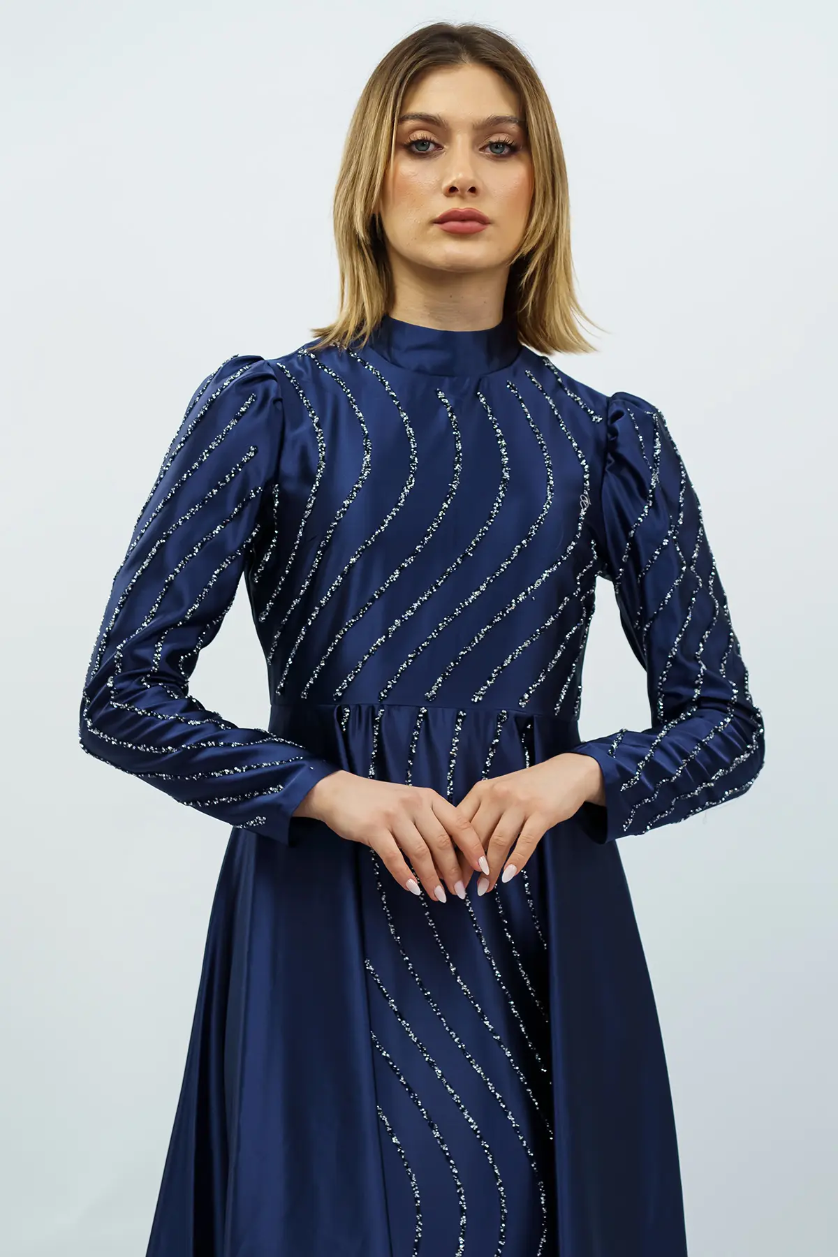 Stone Detailed Satin Evening Dress Navy Blue-detail