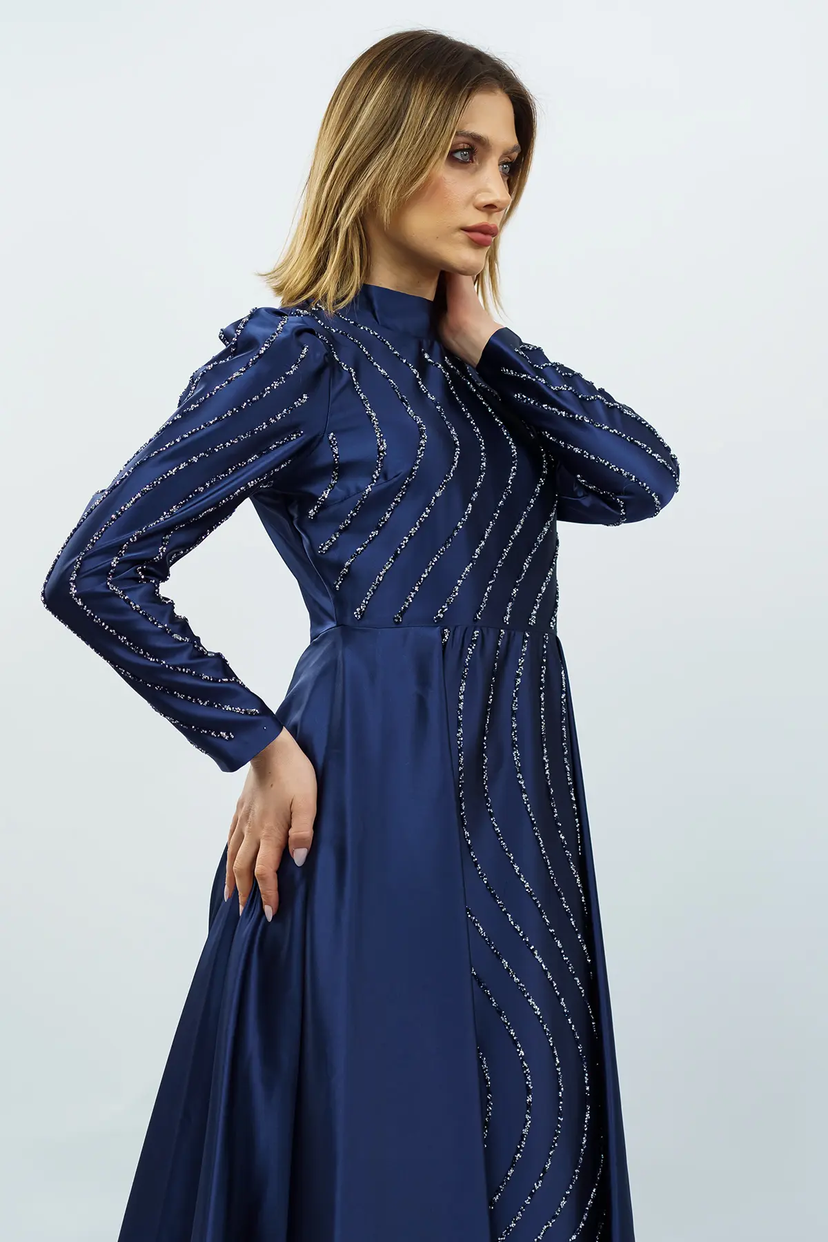 Stone Detailed Satin Evening Dress Navy Blue-detail