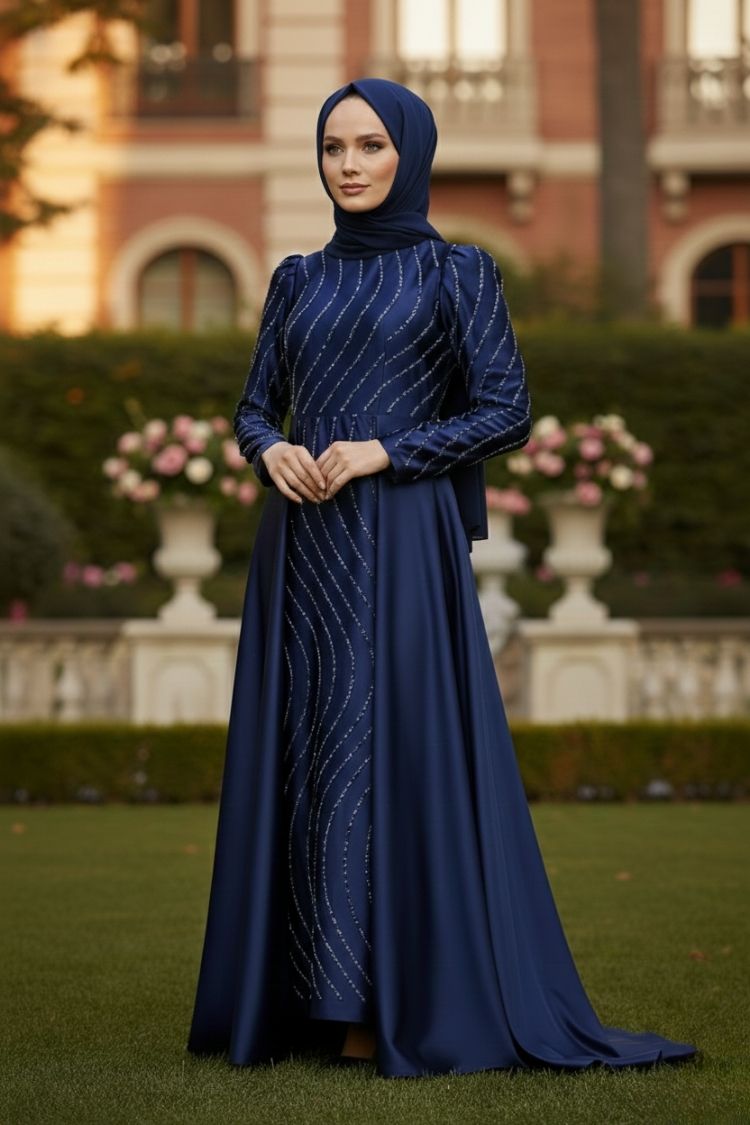 Stone Detailed Satin Evening Dress Navy Blue