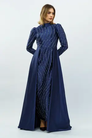 Stone Detailed Satin Evening Dress Navy Blue