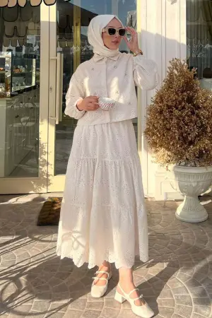 Stone Detailed Scallop Skirt Suit