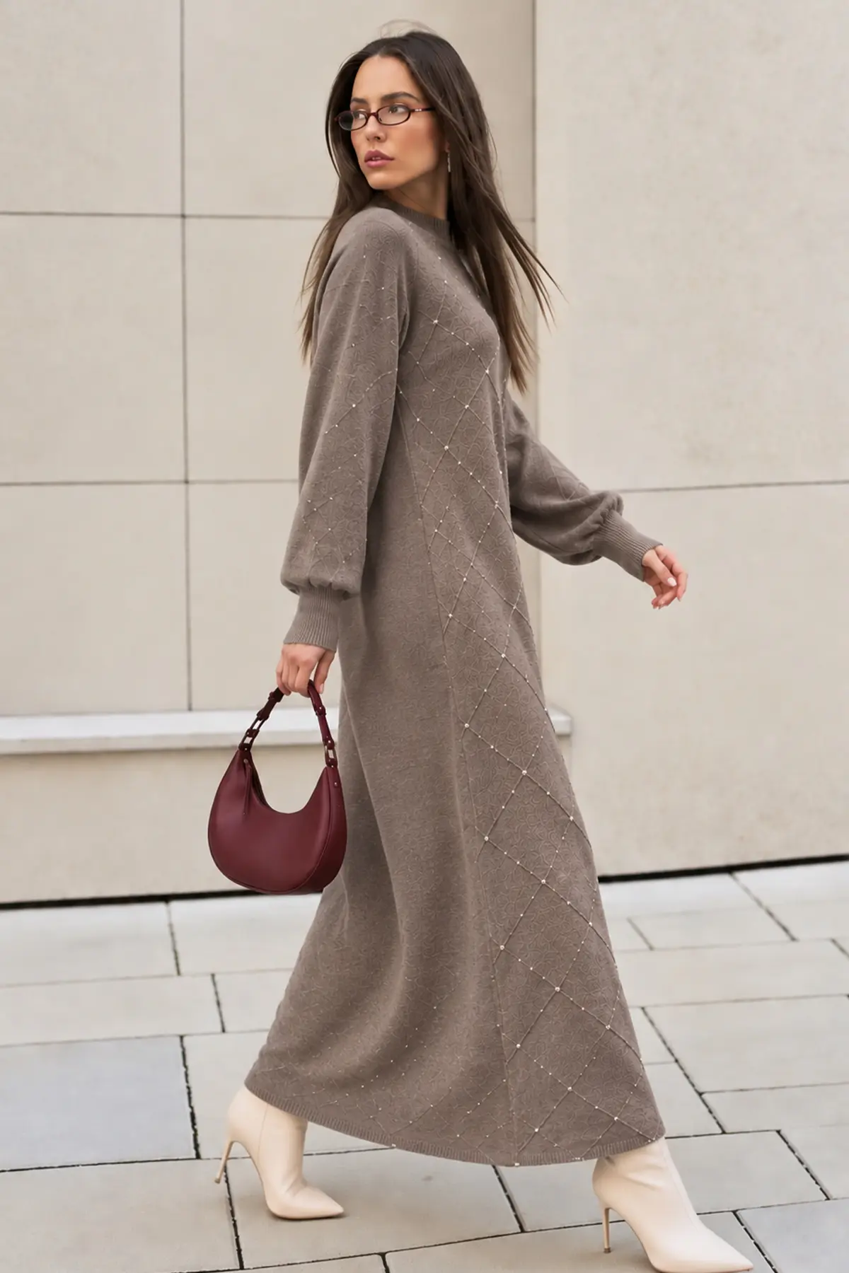 Stone-embellished Knit Dress K3071 Mink-detail