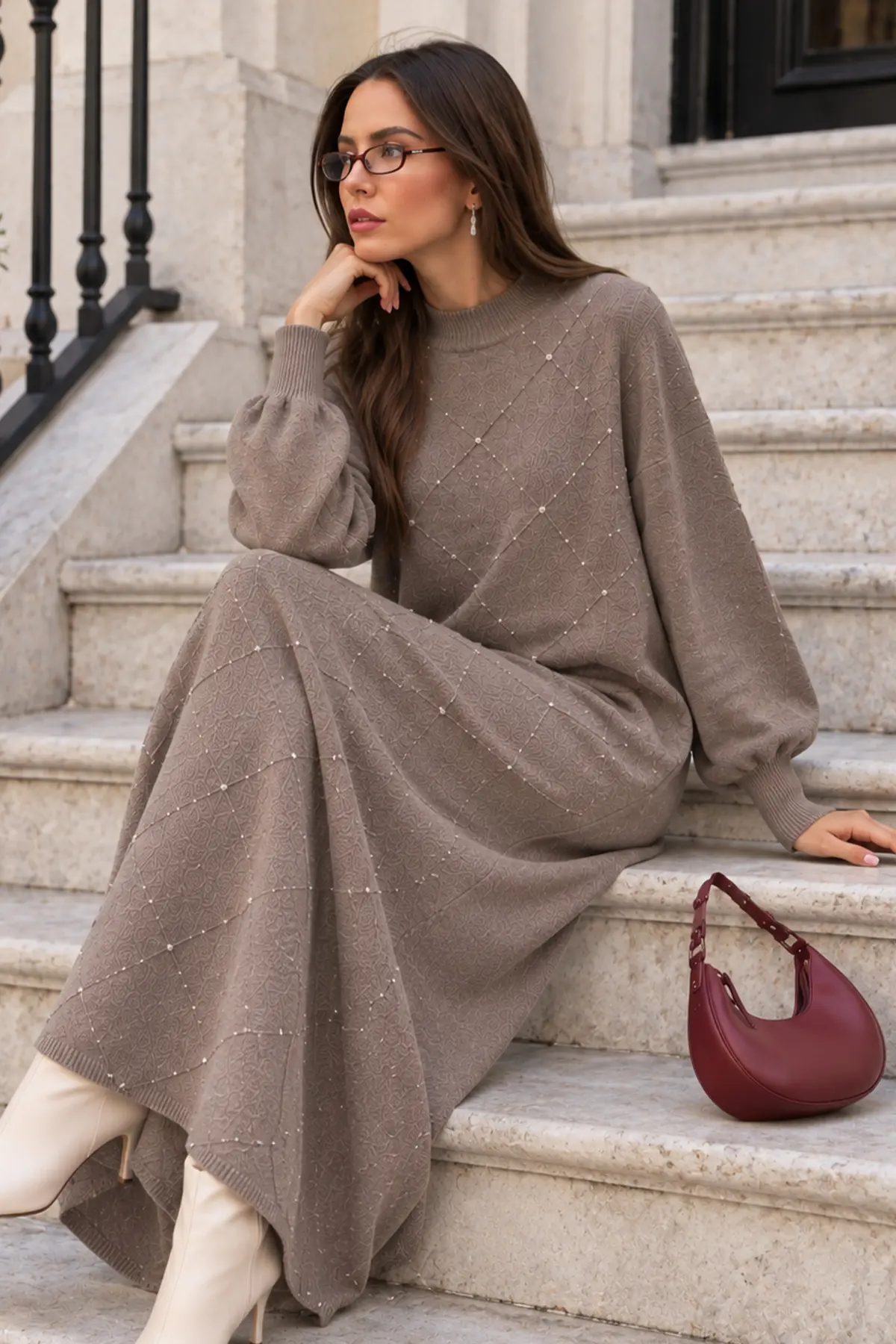 Stone-embellished Knit Dress K3071 Mink-detail