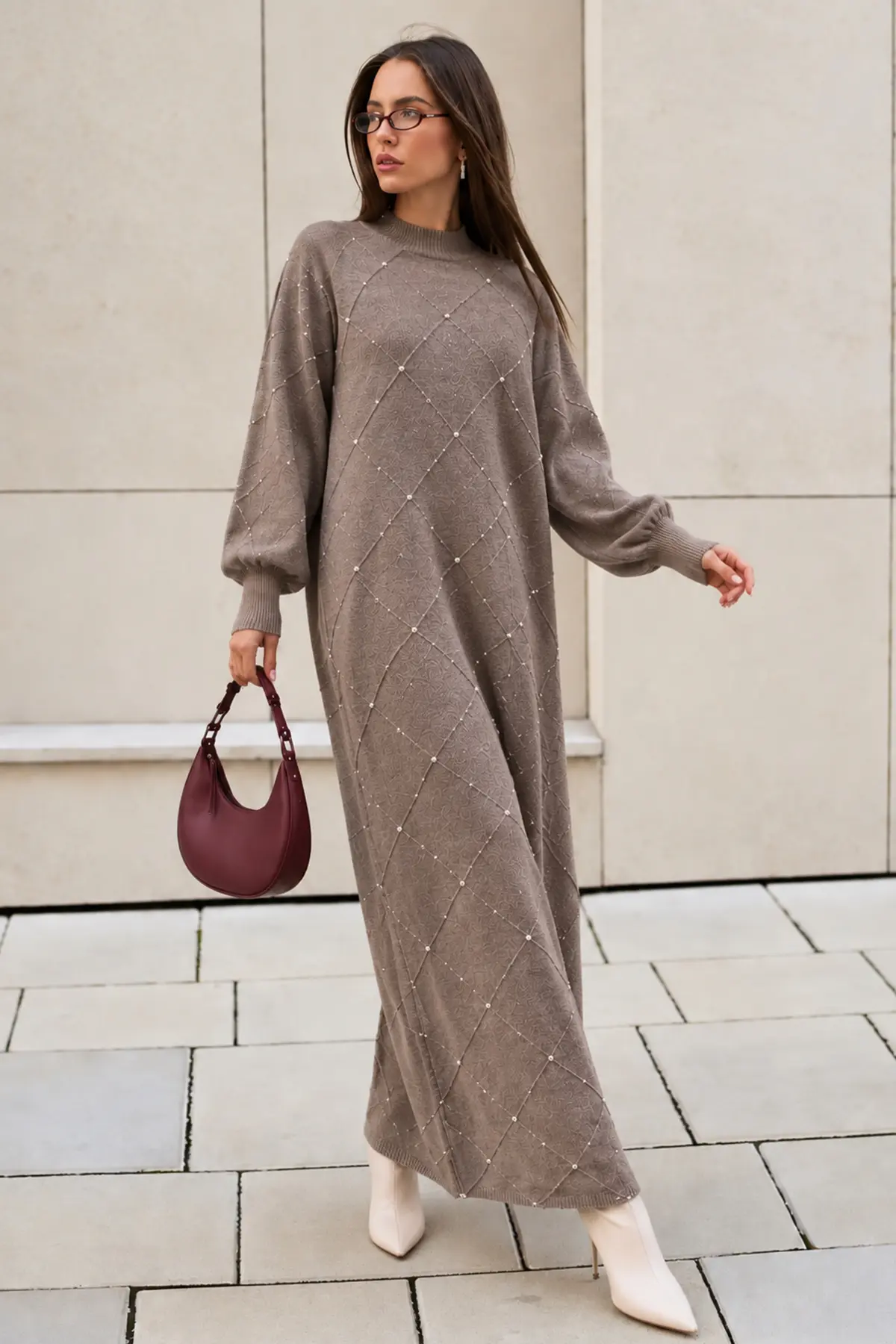 Stone-embellished Knit Dress K3071 Mink-detail