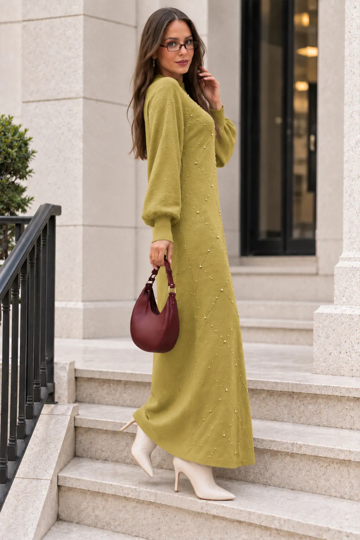 Stone-embellished Knit Dress K3071 Olive Green-detail
