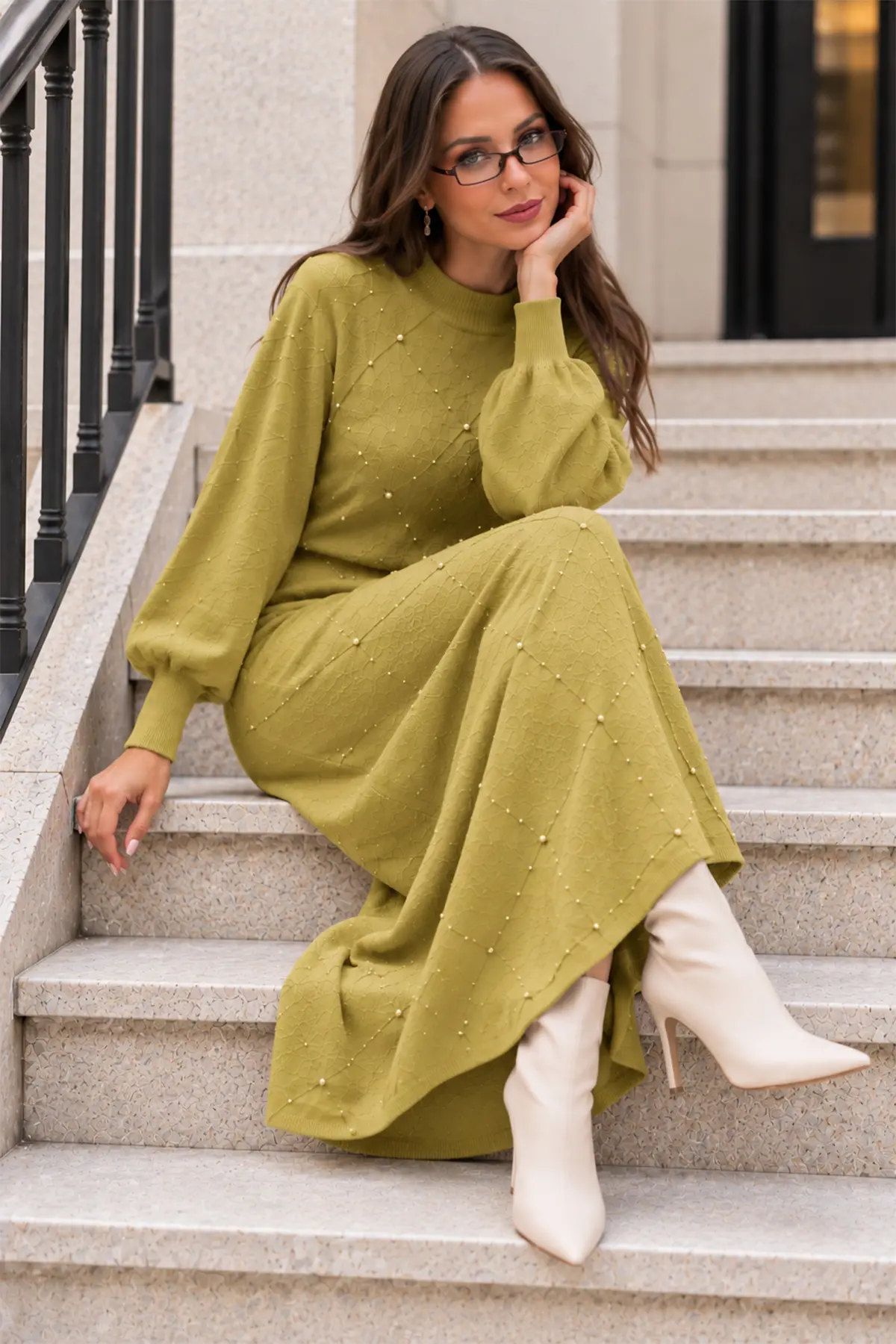 Stone-embellished Knit Dress K3071 Olive Green-detail