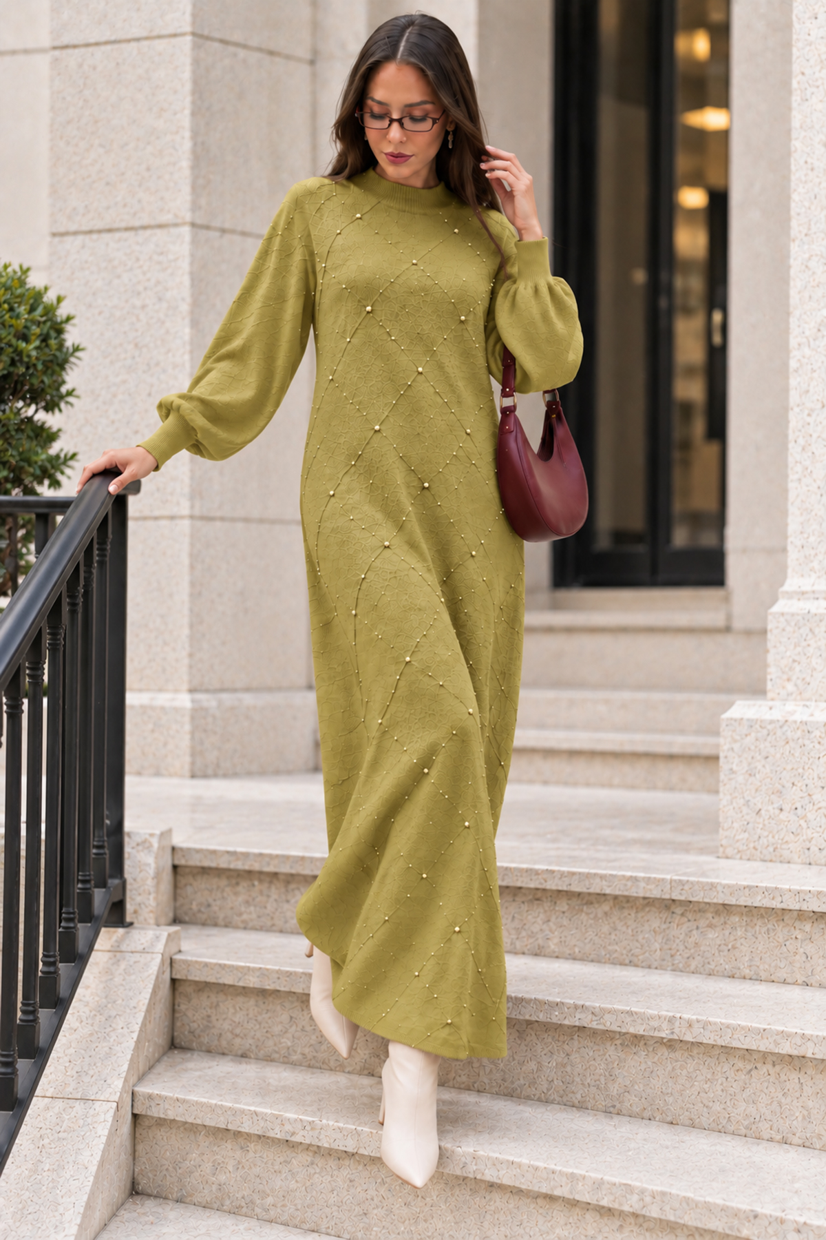 Stone-embellished Knit Dress K3071 Olive Green