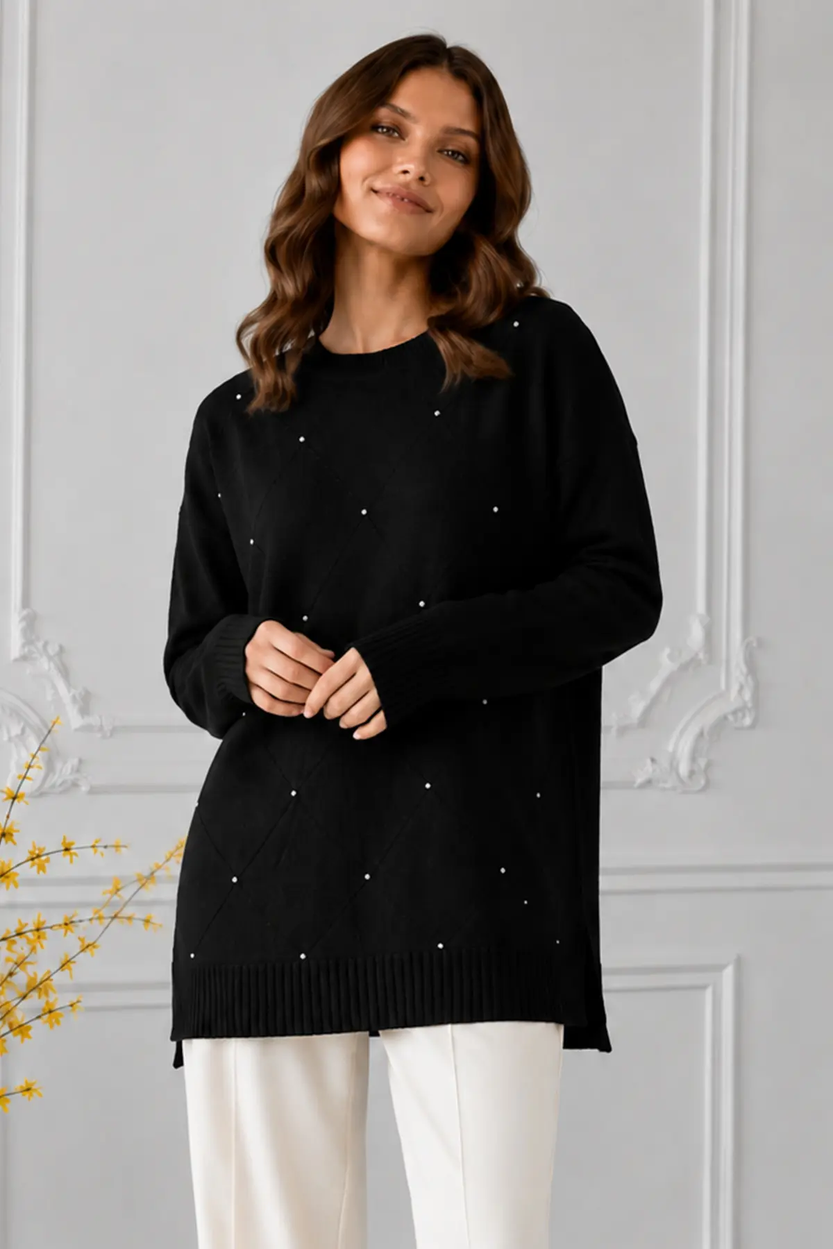 Stone-embellished Mercerized Knit Tunic N3225 Black-detail