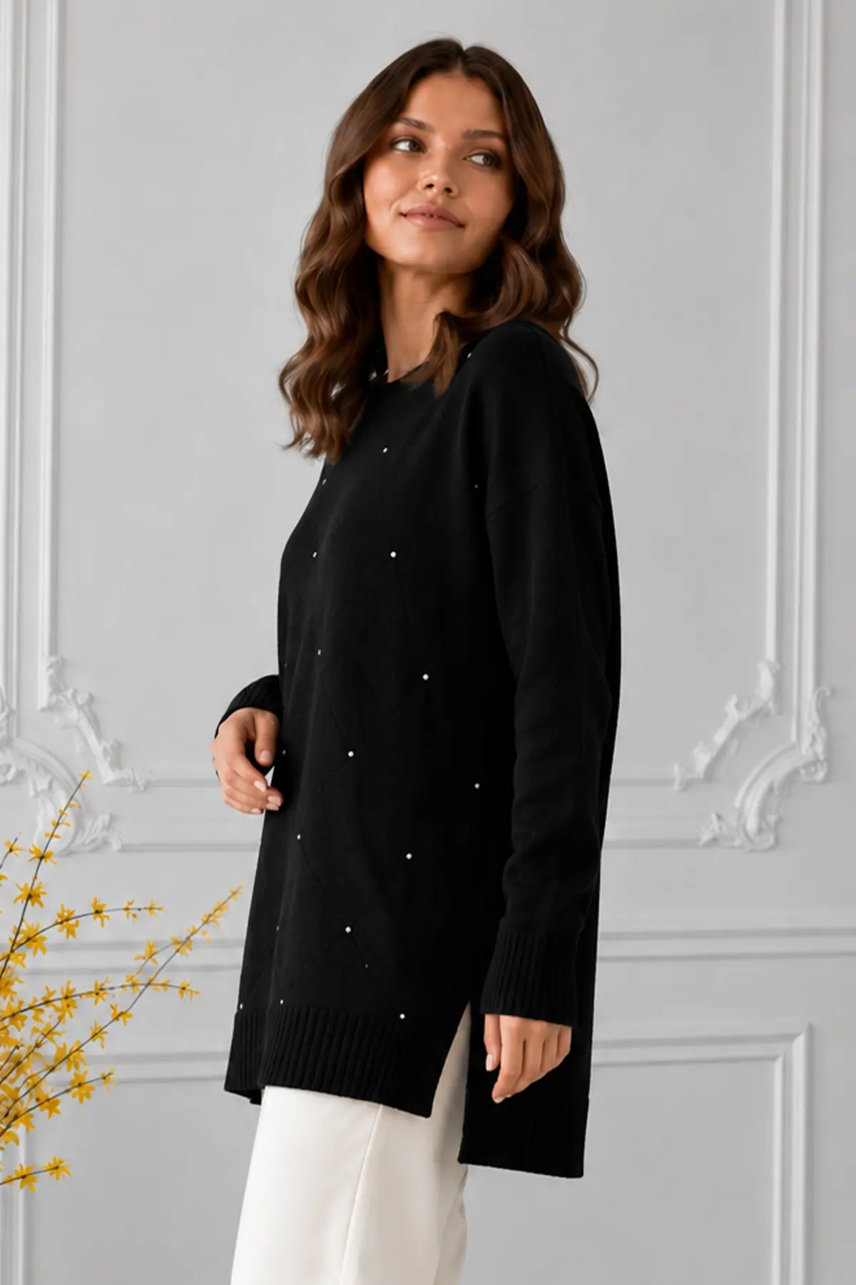 Stone-embellished Mercerized Knit Tunic N3225 Black-detail