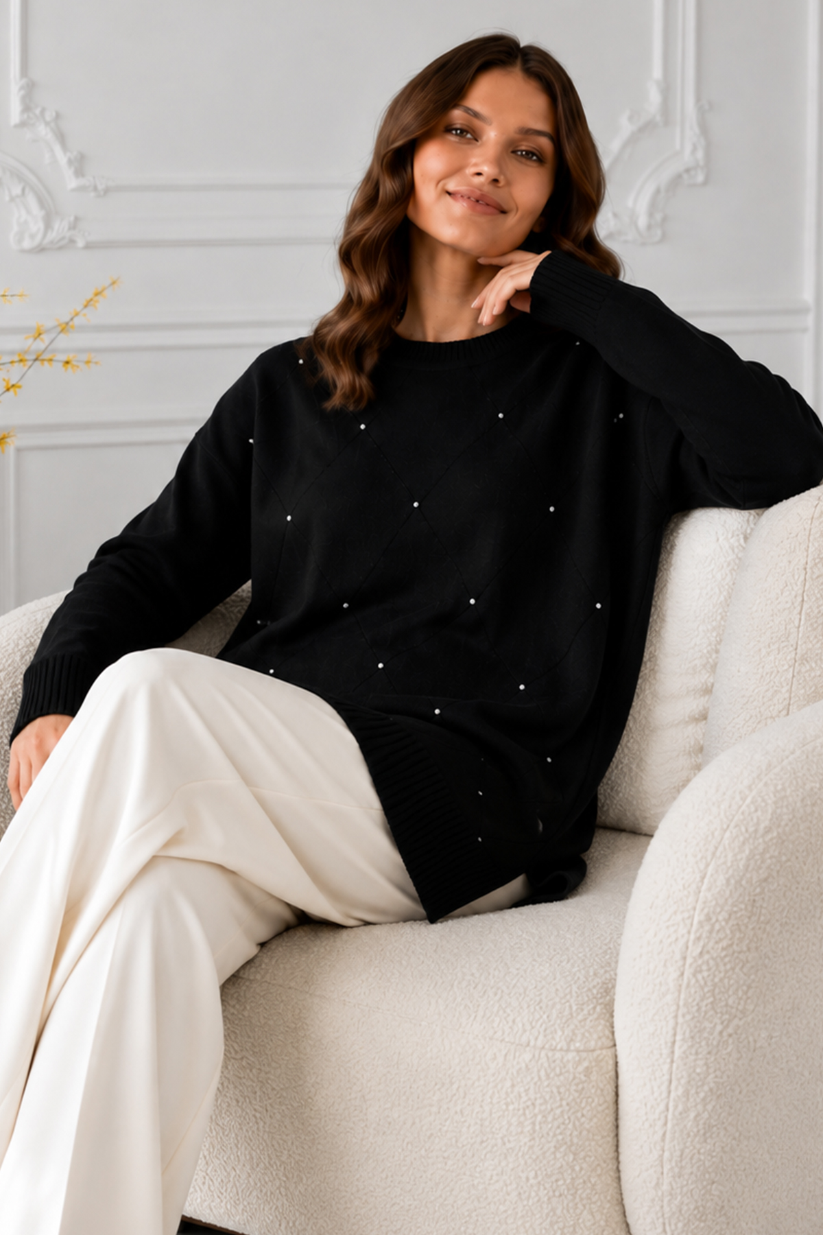 Stone-embellished Mercerized Knit Tunic N3225 Black