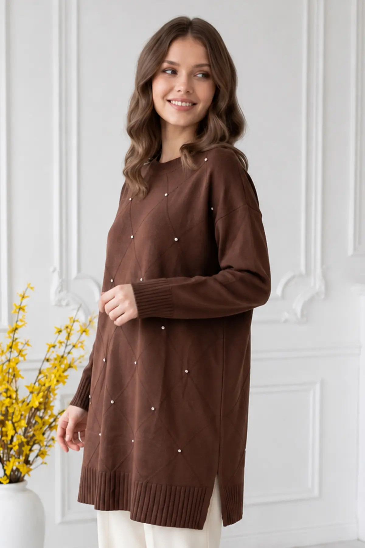 Stone-embellished Mercerized Knit Tunic N3225 Brown-detail