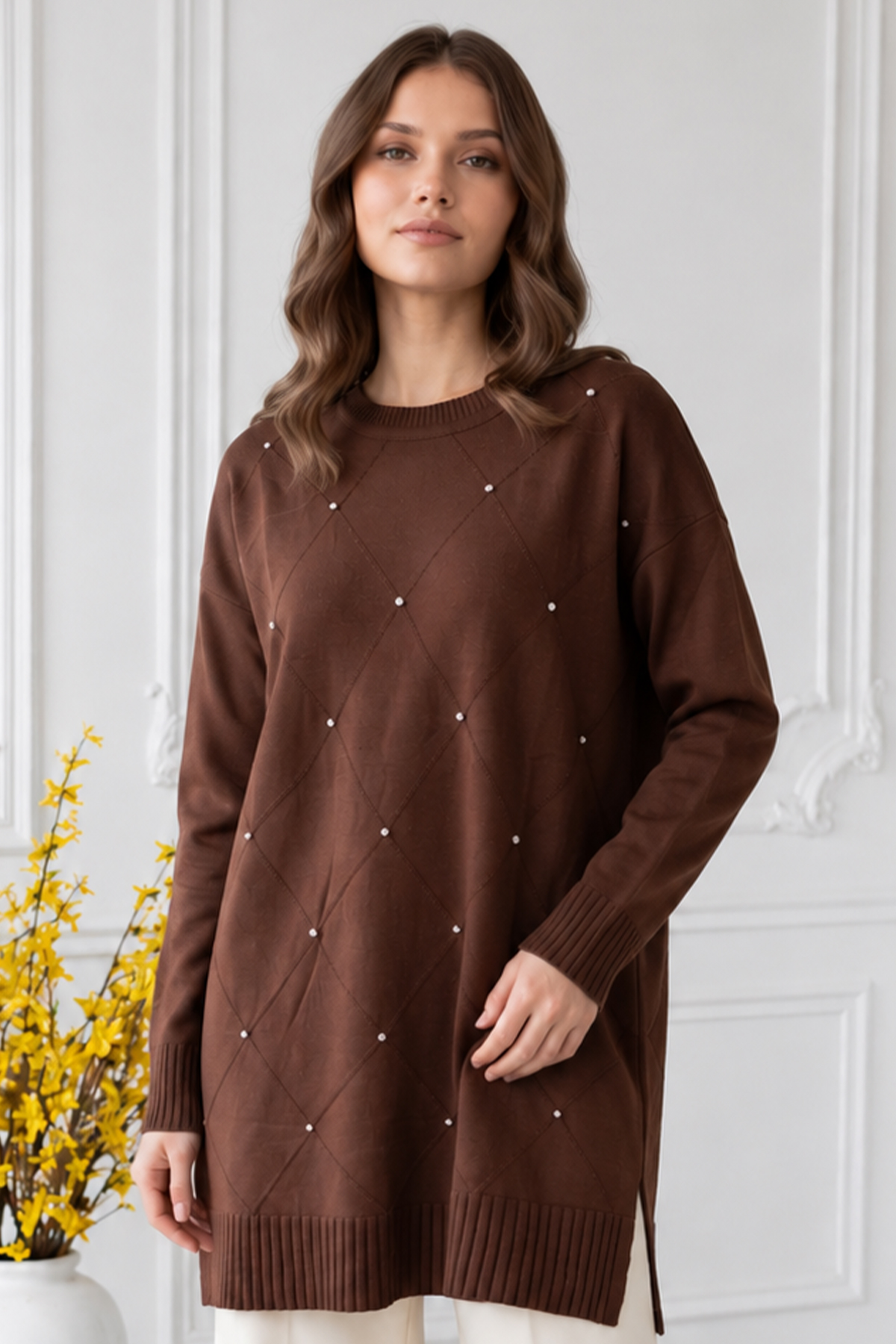 Stone-embellished Mercerized Knit Tunic N3225 Brown