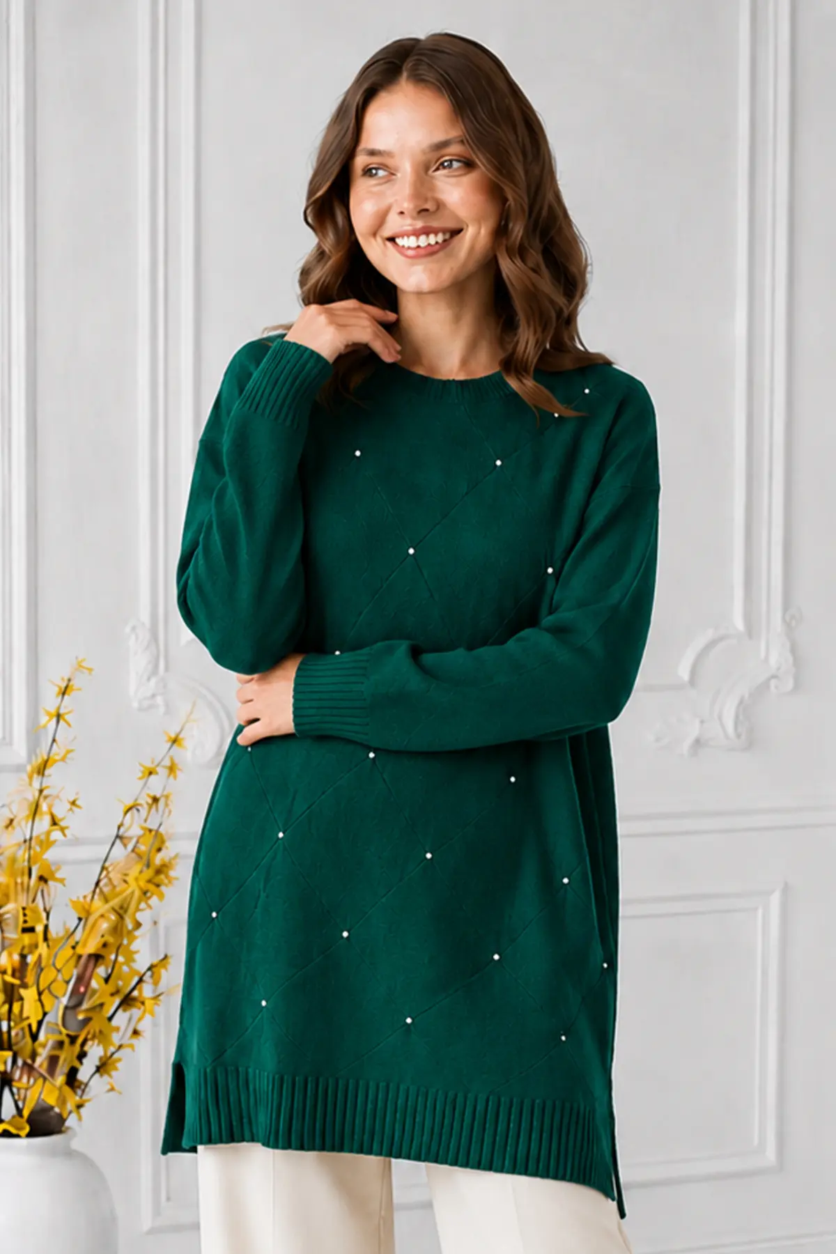 Stone-embellished Mercerized Knit Tunic N3225 Emerald Green-detail