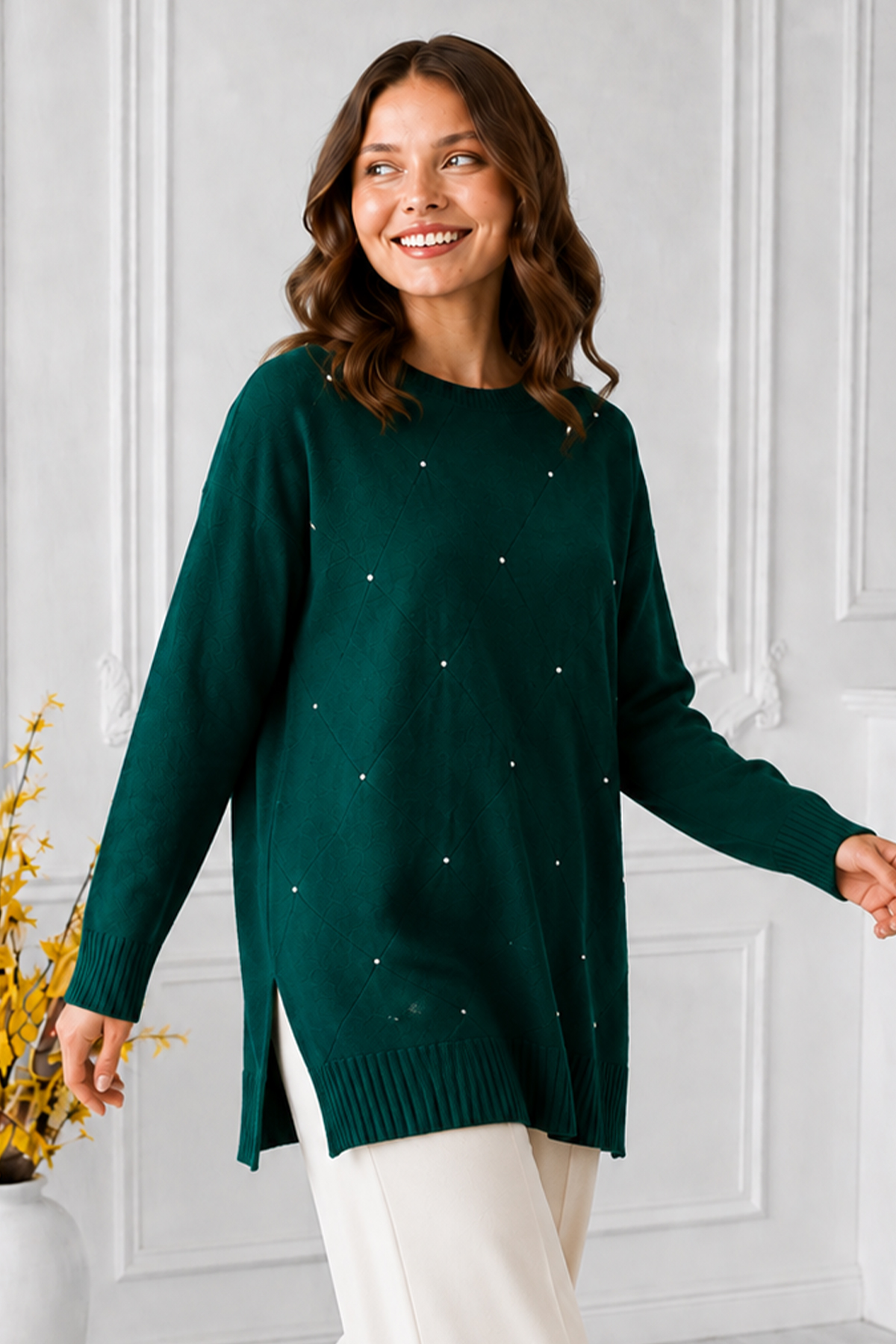 Stone-embellished Mercerized Knit Tunic N3225 Emerald Green