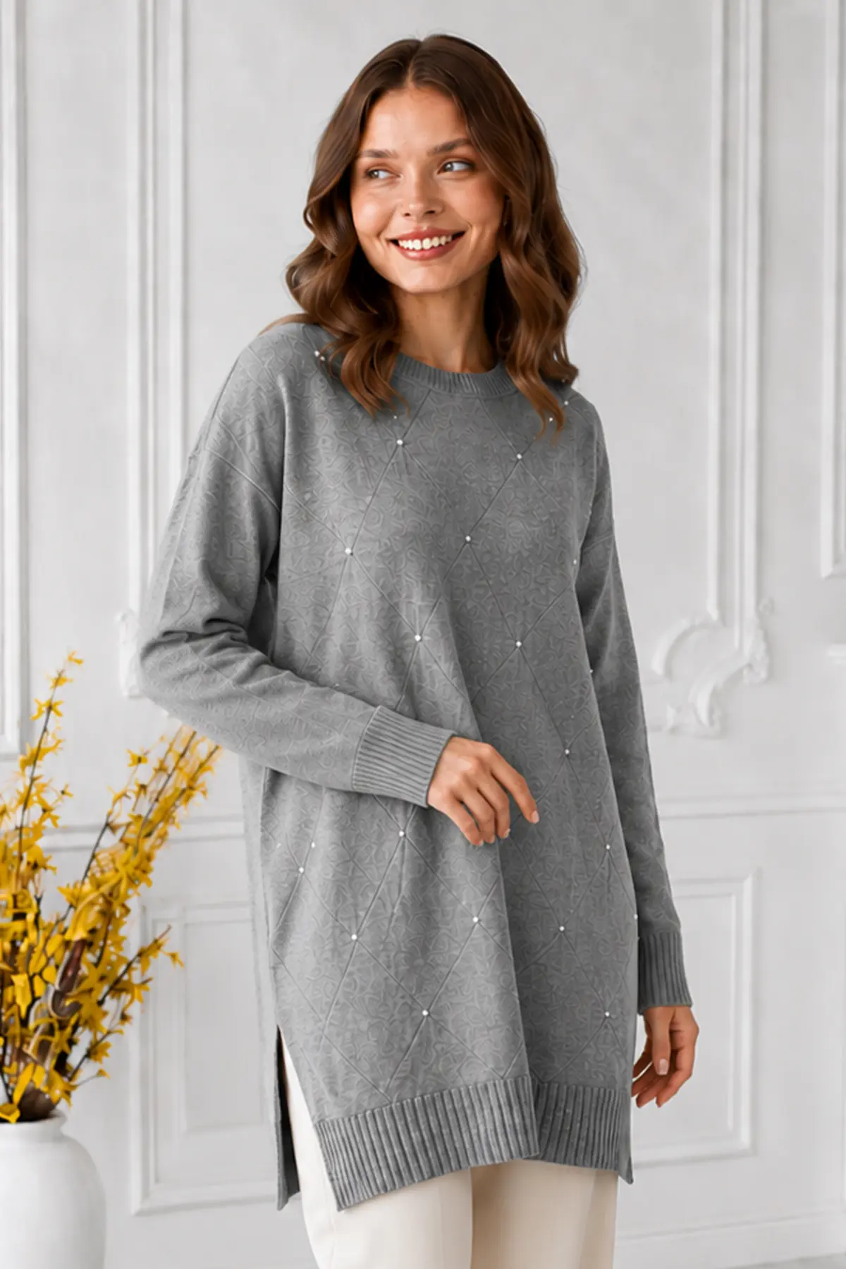Stone-embellished Mercerized Knit Tunic N3225 Grey-detail