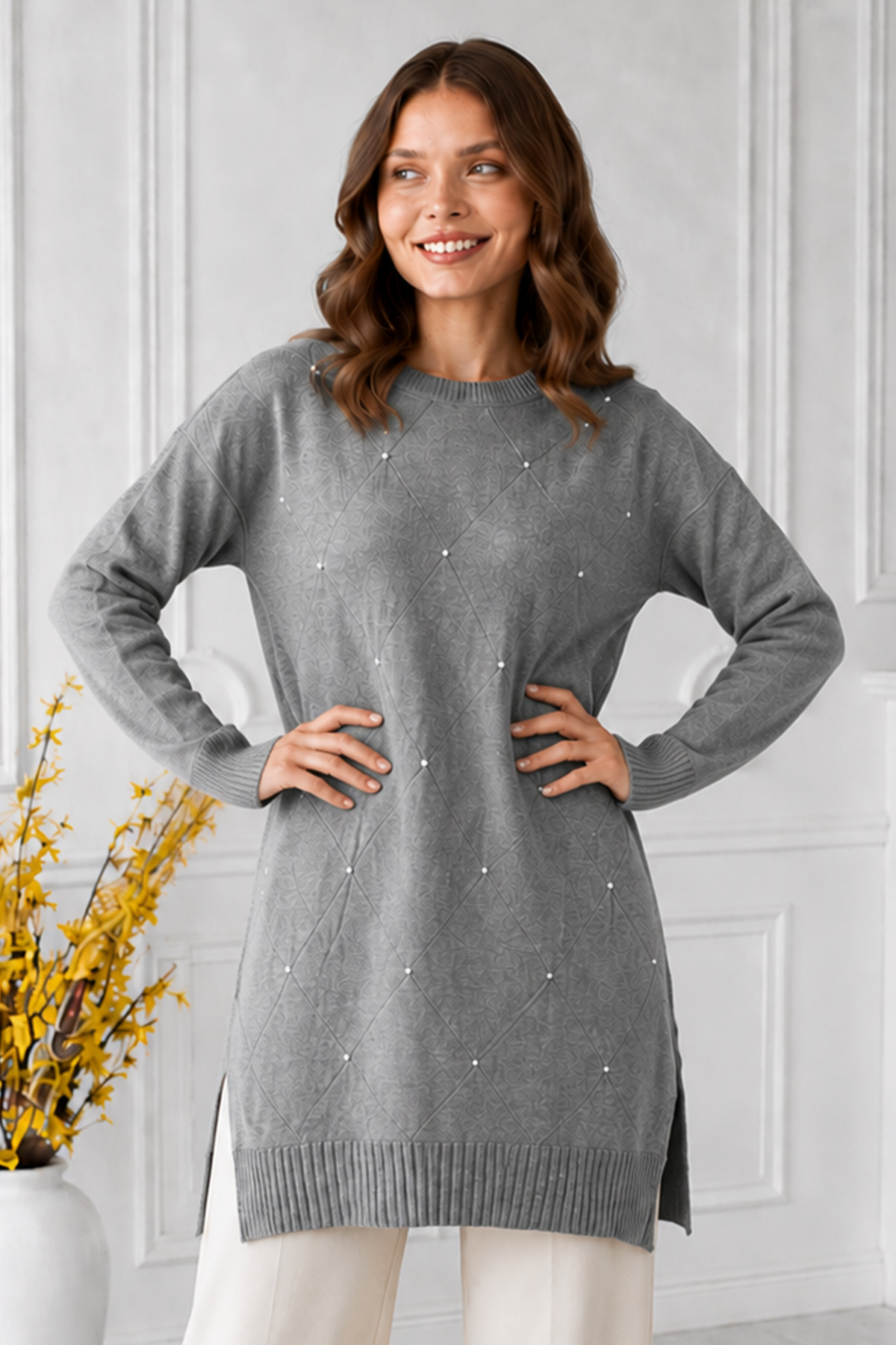 Stone-embellished Mercerized Knit Tunic N3225 Grey