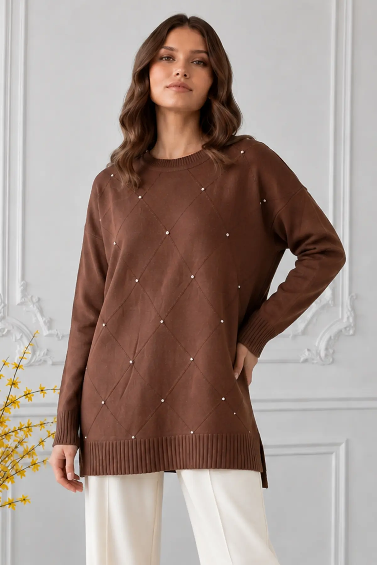 Stone-embellished Mercerized Knit Tunic N3225 Mink-detail