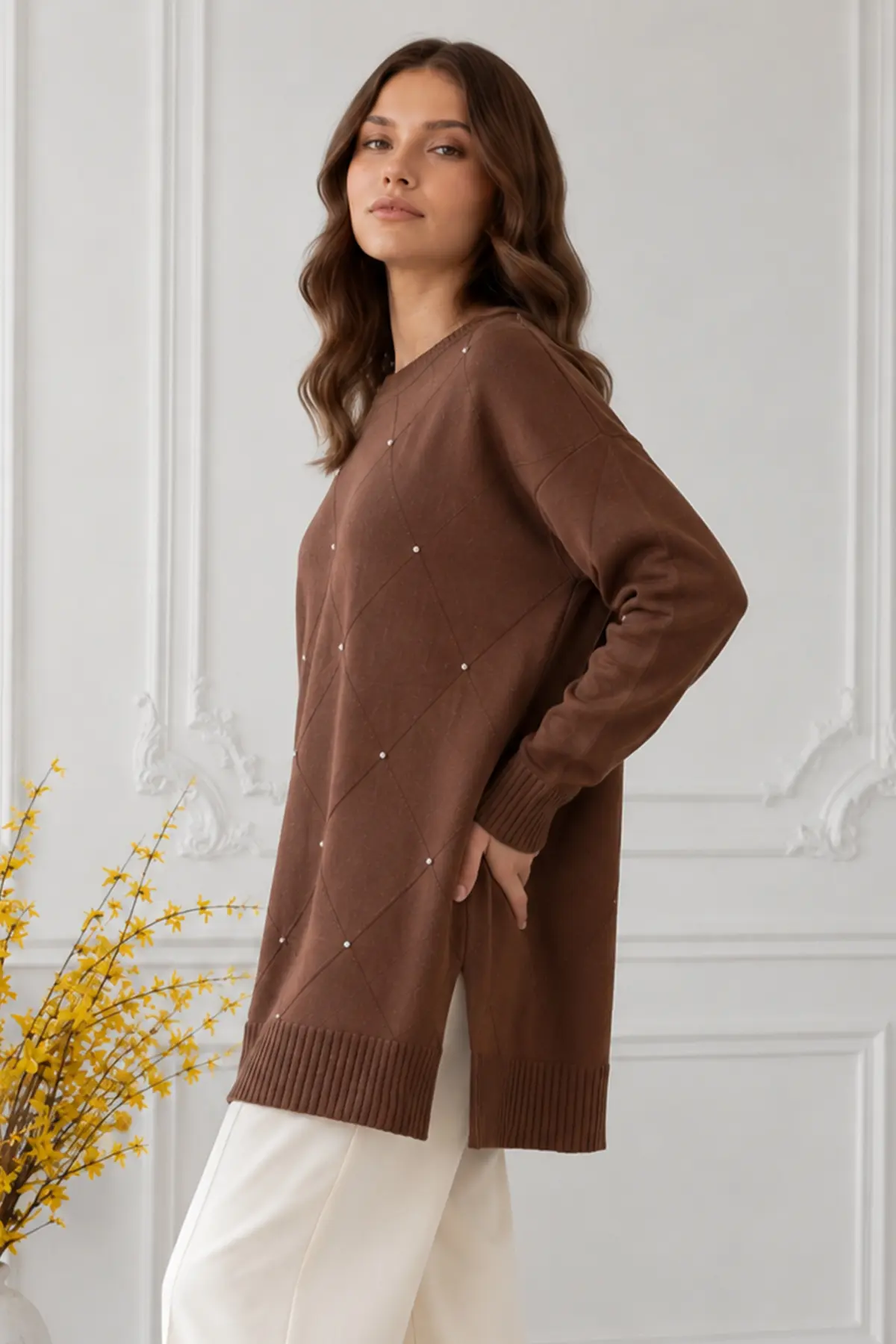 Stone-embellished Mercerized Knit Tunic N3225 Mink-detail