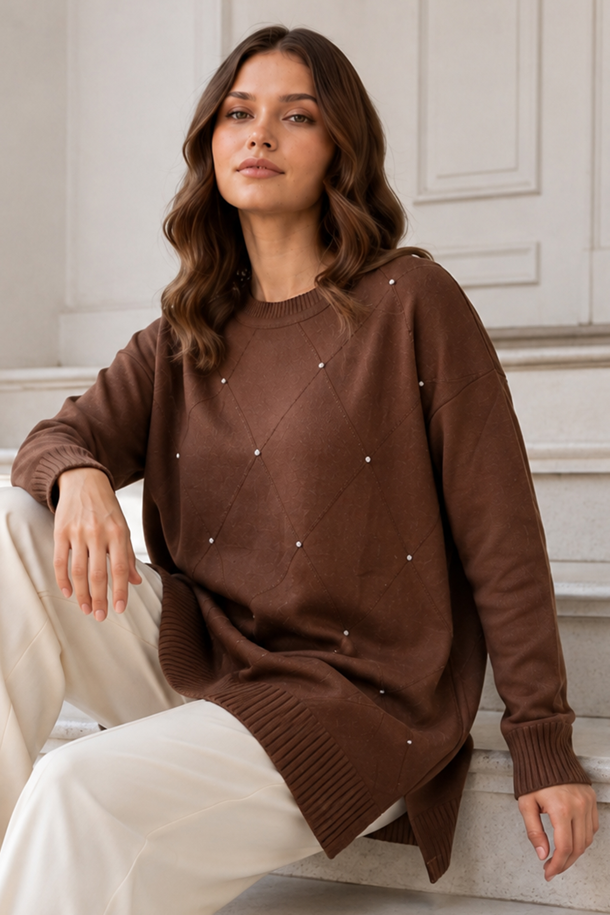 Stone-embellished Mercerized Knit Tunic N3225 Mink