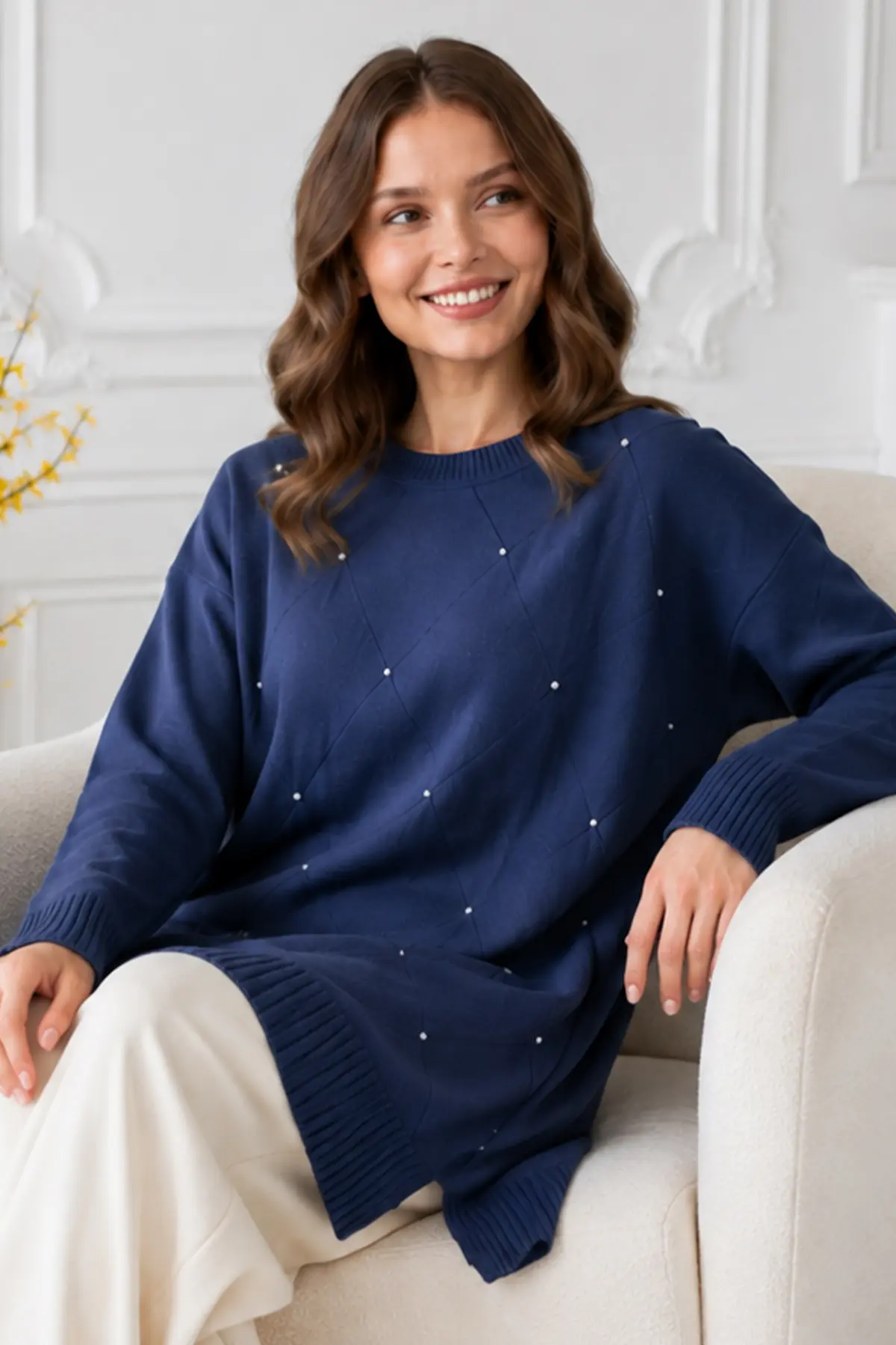 Stone-embellished Mercerized Knit Tunic N3225 Navy Blue-detail