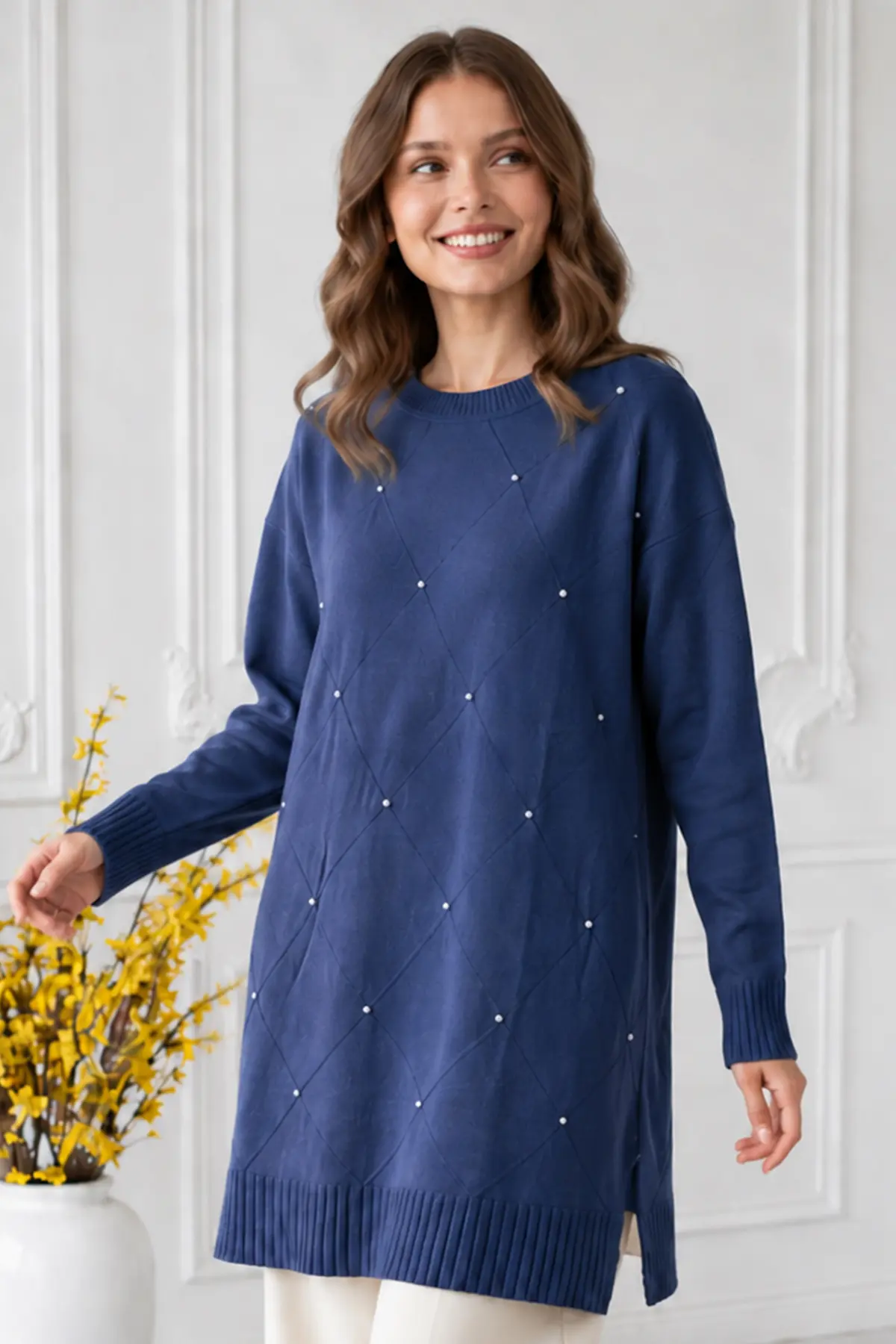 Stone-embellished Mercerized Knit Tunic N3225 Navy Blue-detail