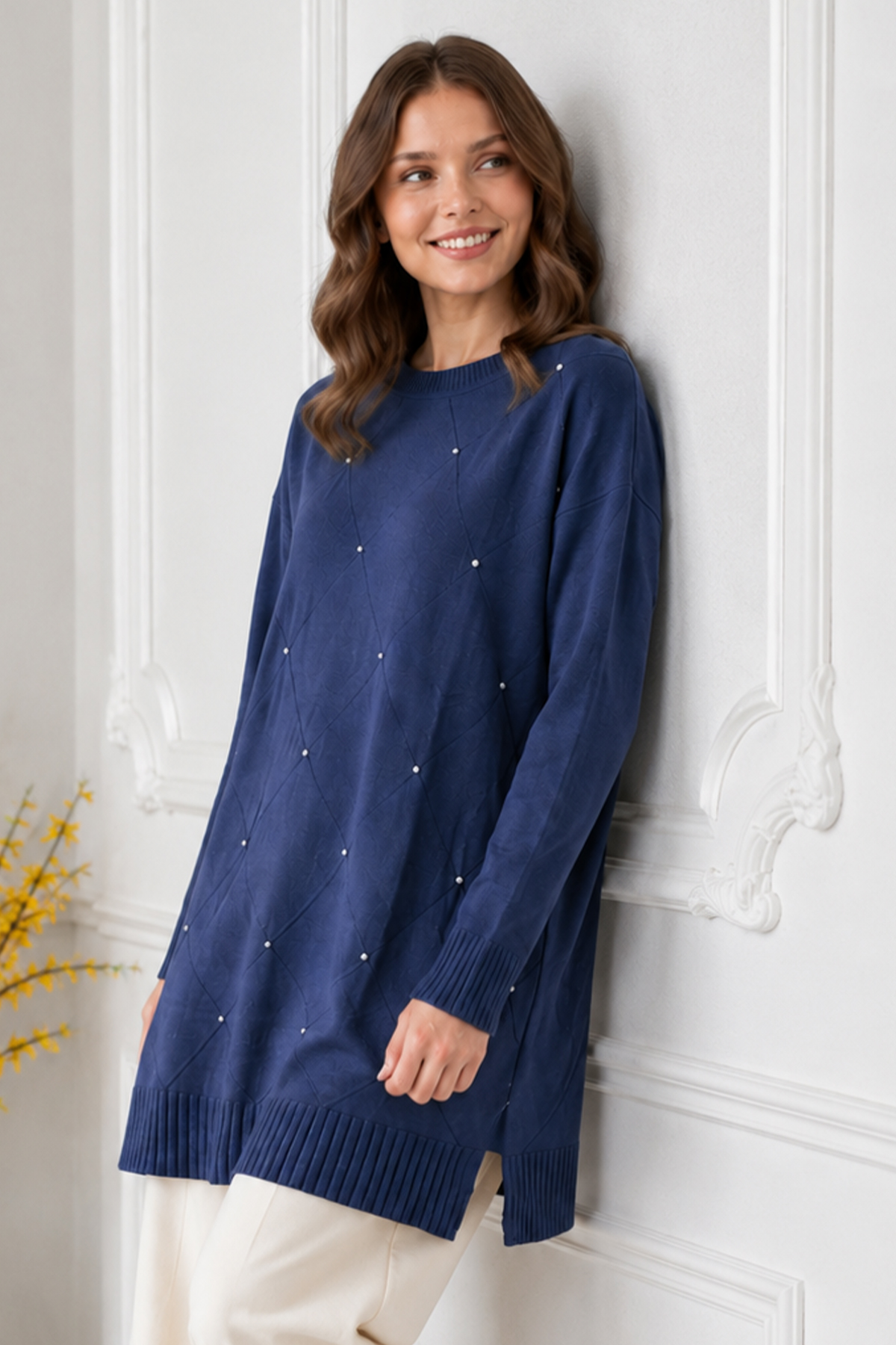 Stone-embellished Mercerized Knit Tunic N3225 Navy Blue