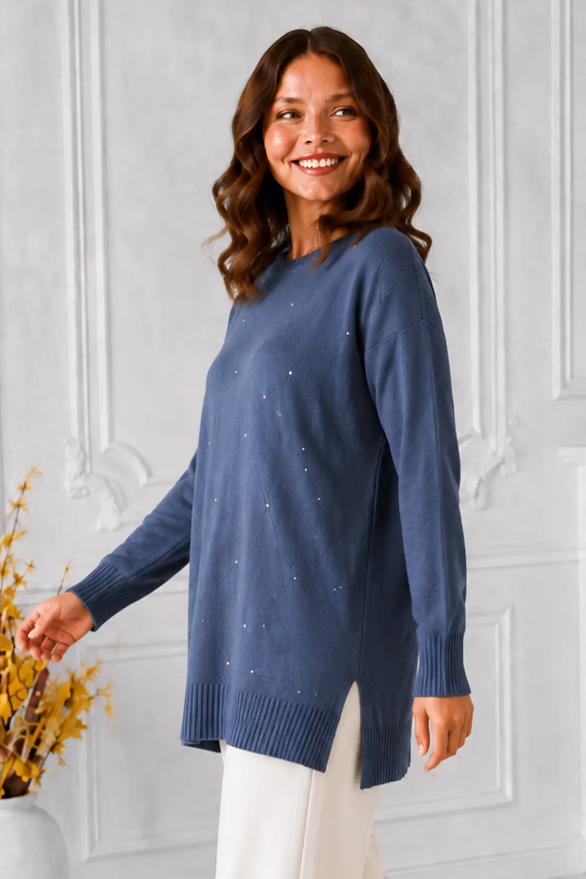 Stone-embellished Mercerized Knit Tunic N3225 Petrol Blue-detail