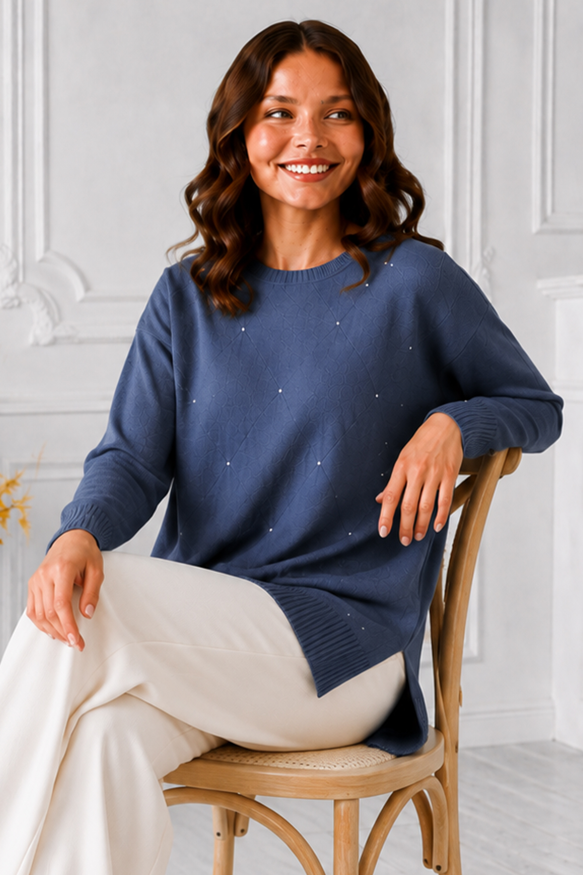 Stone-embellished Mercerized Knit Tunic N3225 Petrol Blue