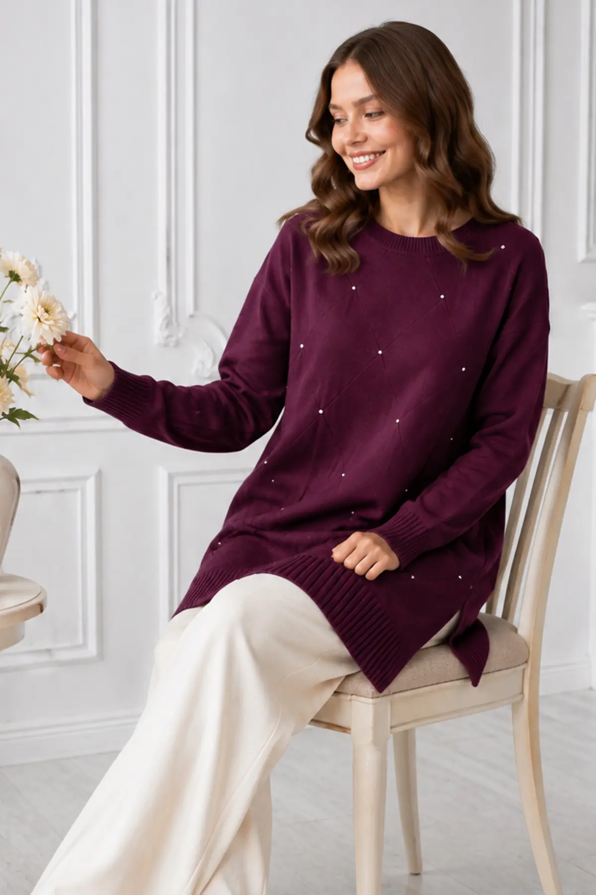 Stone-embellished Mercerized Knit Tunic N3225 Plum-detail