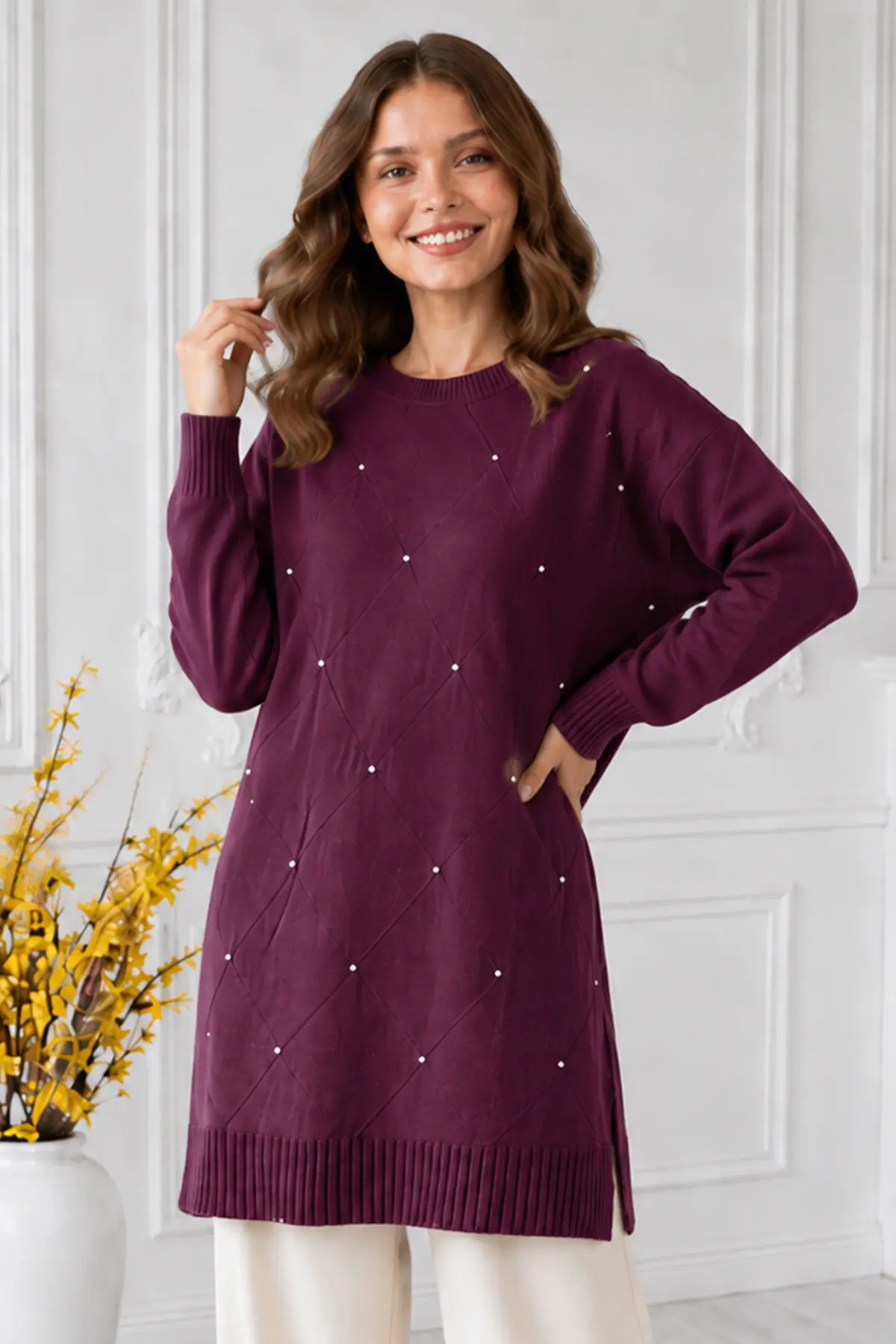 Stone-embellished Mercerized Knit Tunic N3225 Plum-detail