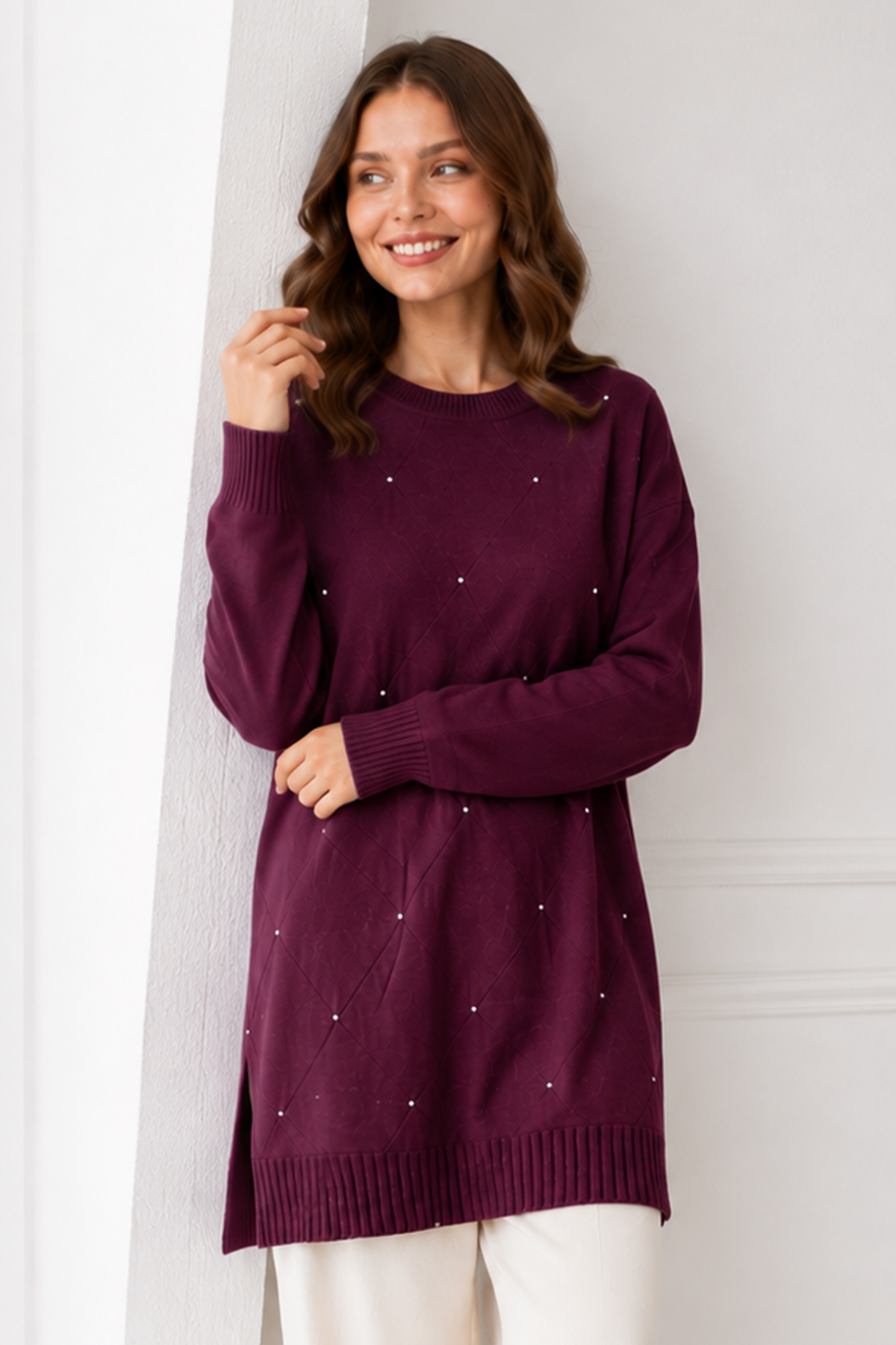 Stone-embellished Mercerized Knit Tunic N3225 Plum