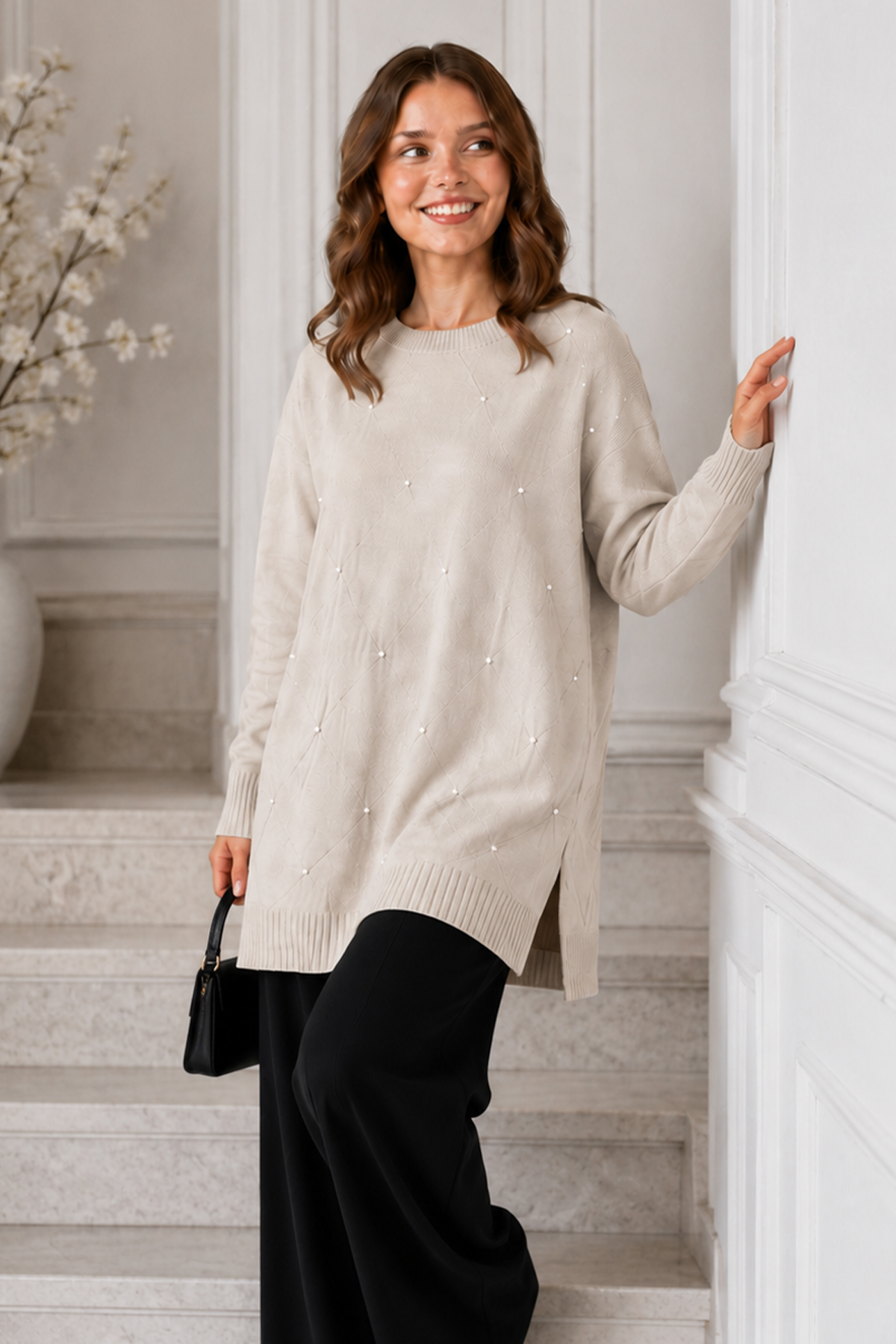 Stone-embellished Mercerized Knit Tunic N3225 Stone