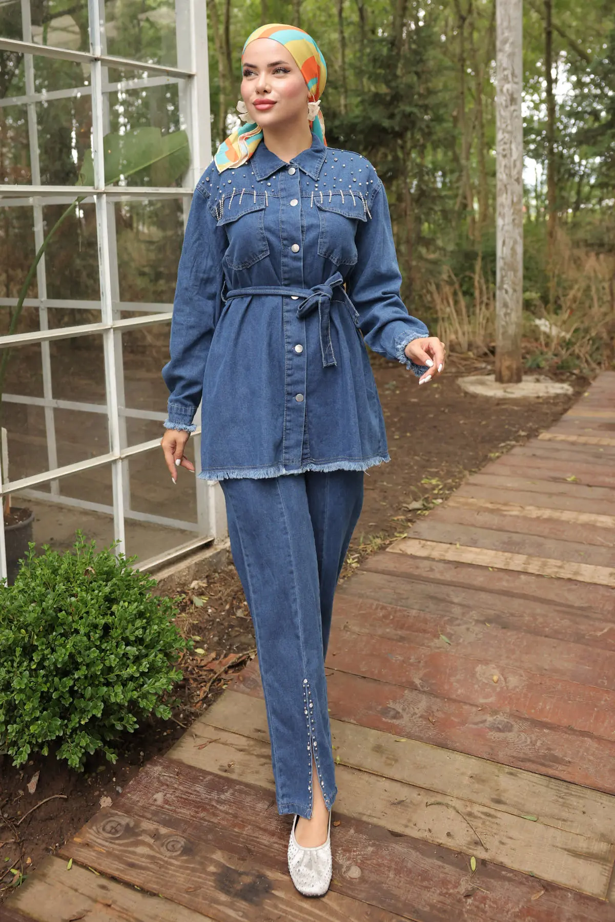 Stone Embroidered Belted Denim Suit