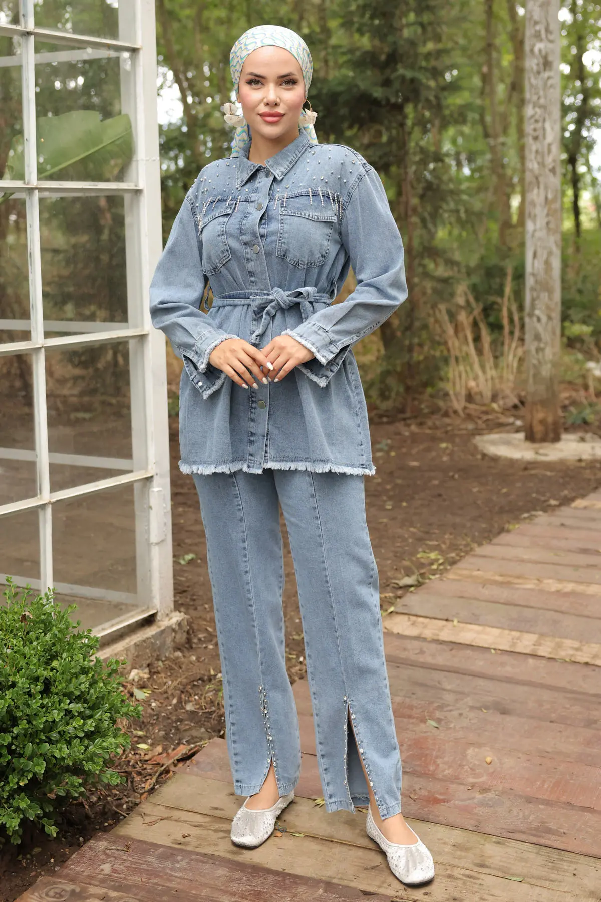 Stone Embroidered Belted Denim Suit