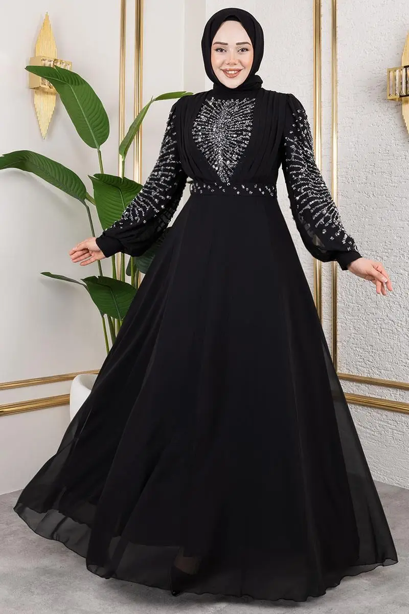 Stone Embroidered Chiffon Evening Dress-detail