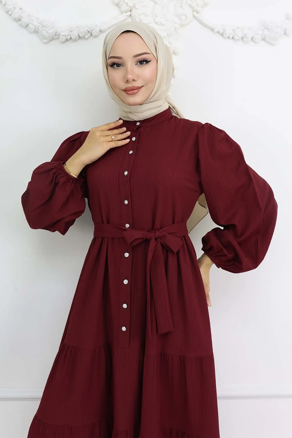 Stoned Buttoned Judge Collar Hijab Dress-detail