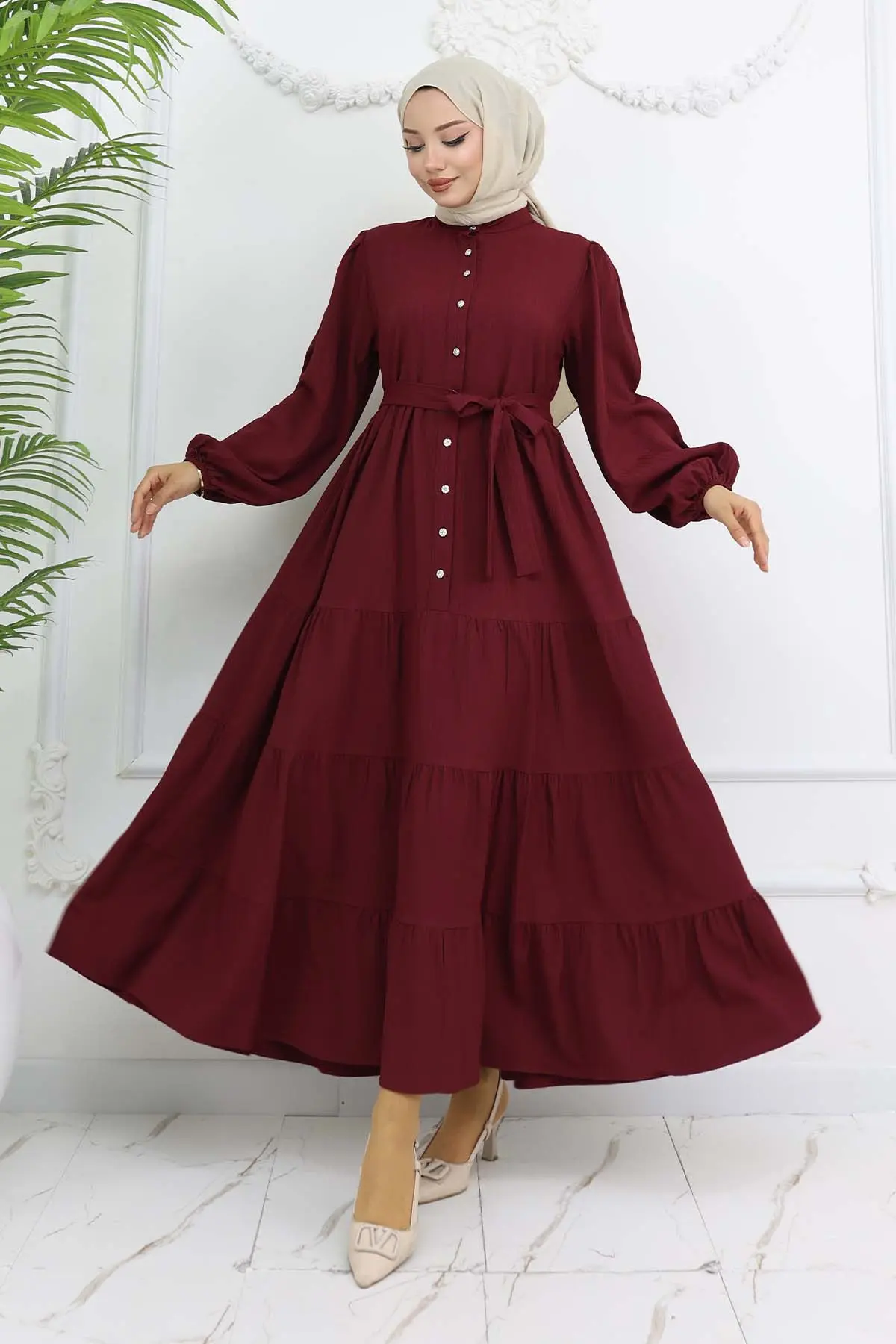 Stoned Buttoned Judge Collar Hijab Dress-detail