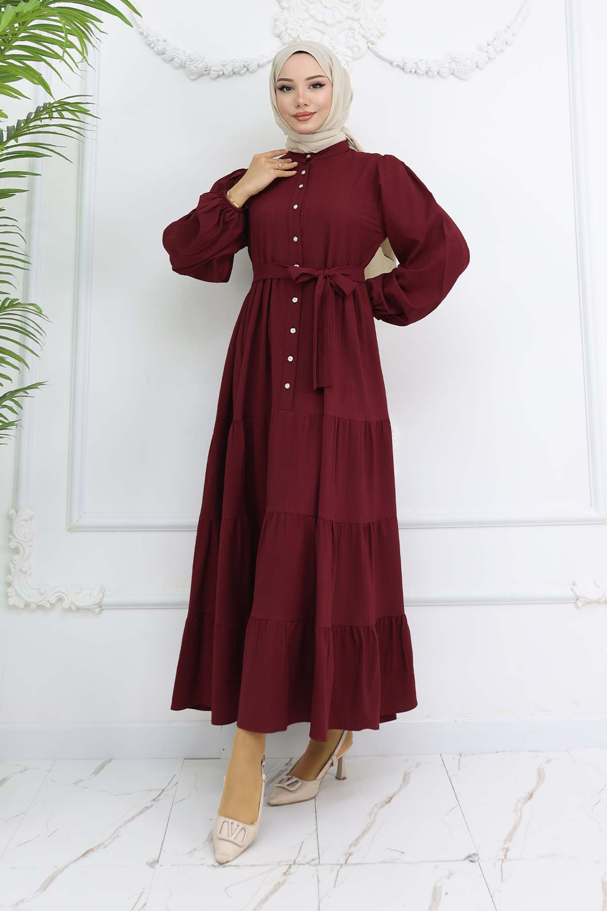 Stoned Buttoned Judge Collar Hijab Dress