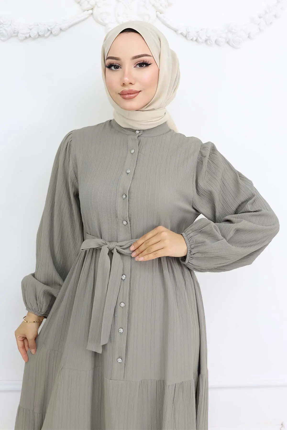 Stoned Buttoned Judge Collar Hijab Dress-detail