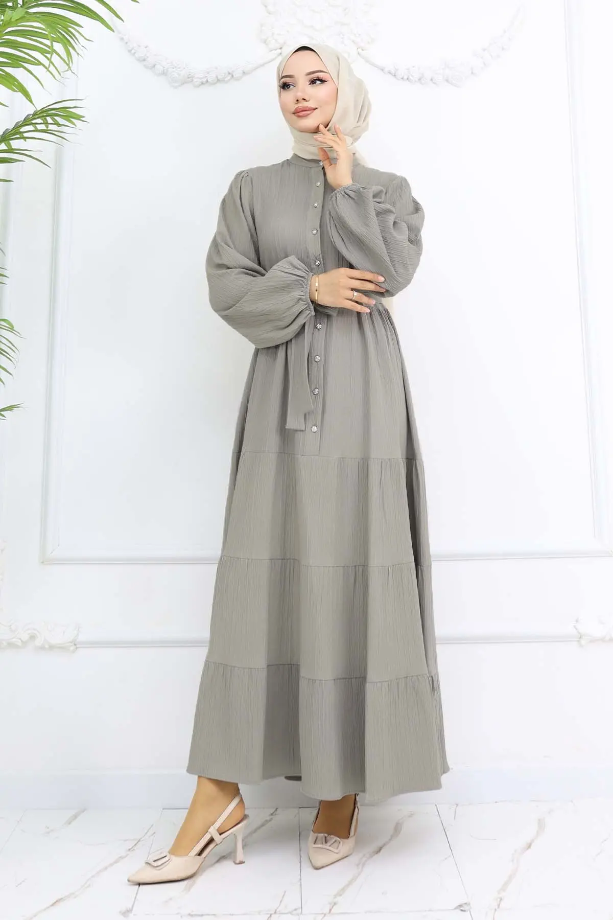 Stoned Buttoned Judge Collar Hijab Dress-detail