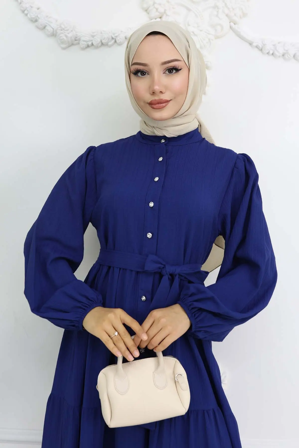 Stoned Buttoned Judge Collar Hijab Dress-detail
