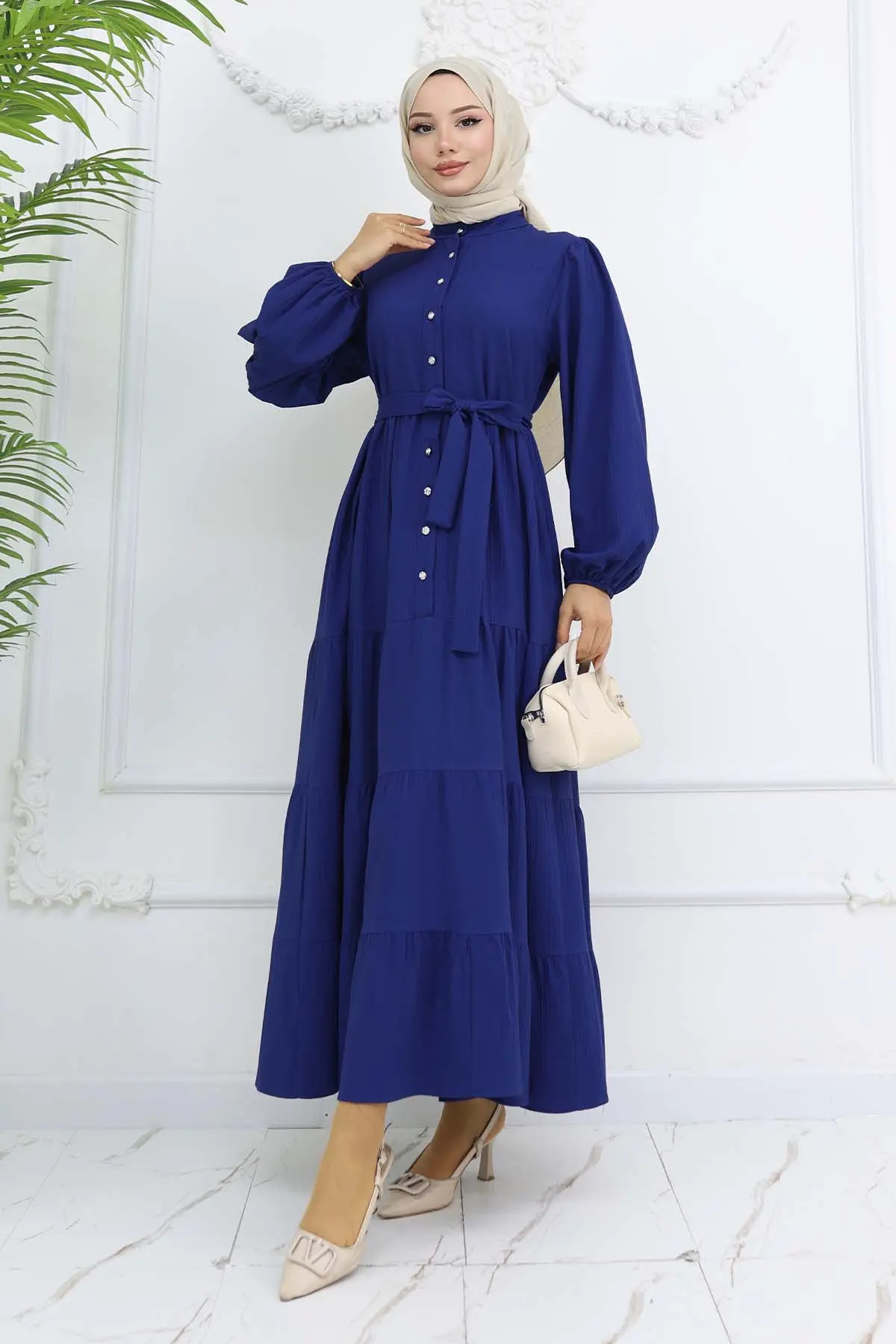 Stoned Buttoned Judge Collar Hijab Dress-detail